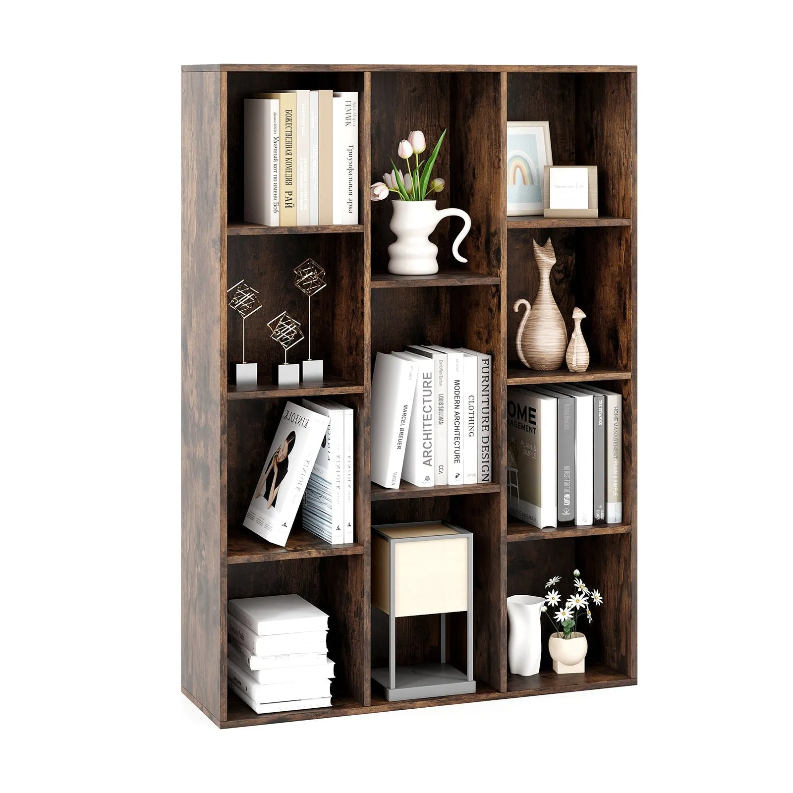 11-Cube Bookcase Modern Geometric Bookshelf with Anti-tipping Kits-Rustic Brown