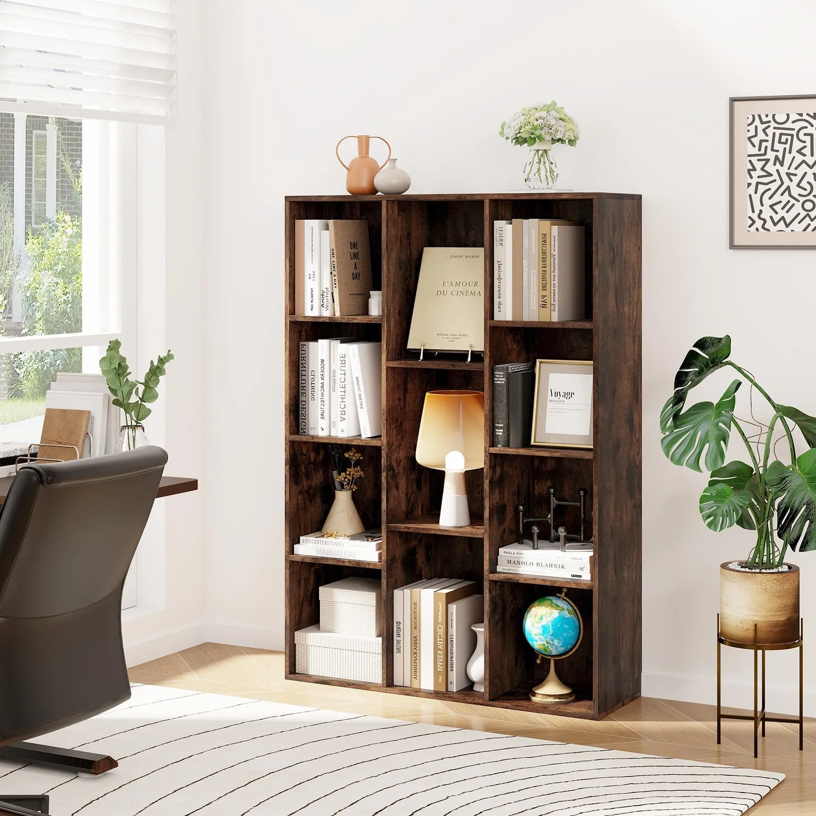 11-Cube Bookcase Modern Geometric Bookshelf with Anti-tipping Kits-Rustic Brown