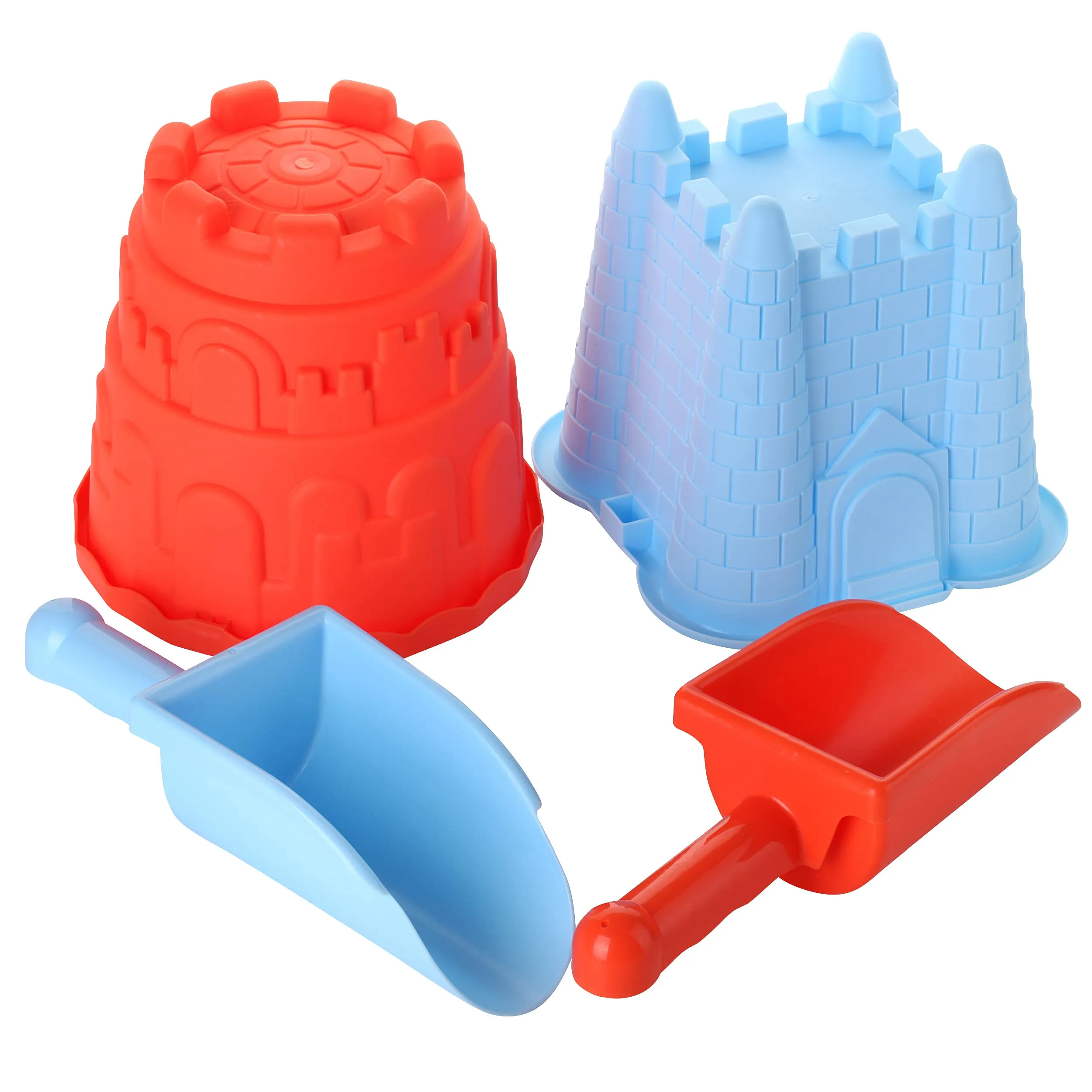 2 Sand Castle Beach Buckets and 2 Shovels for Kids - 7 Inch Large Sand Mould Pails, Beach