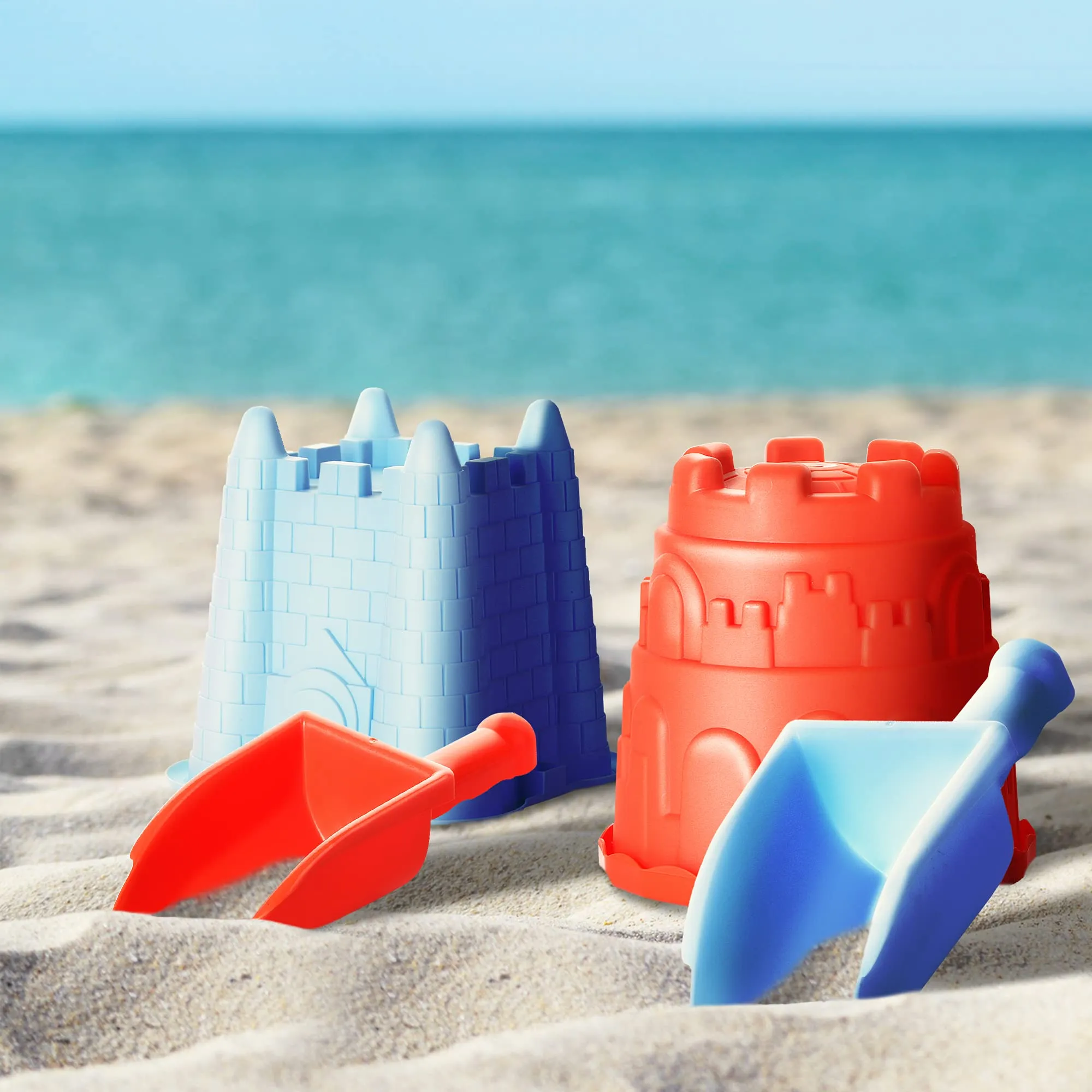 2 Sand Castle Beach Buckets and 2 Shovels for Kids - 7 Inch Large Sand Mould Pails, Beach