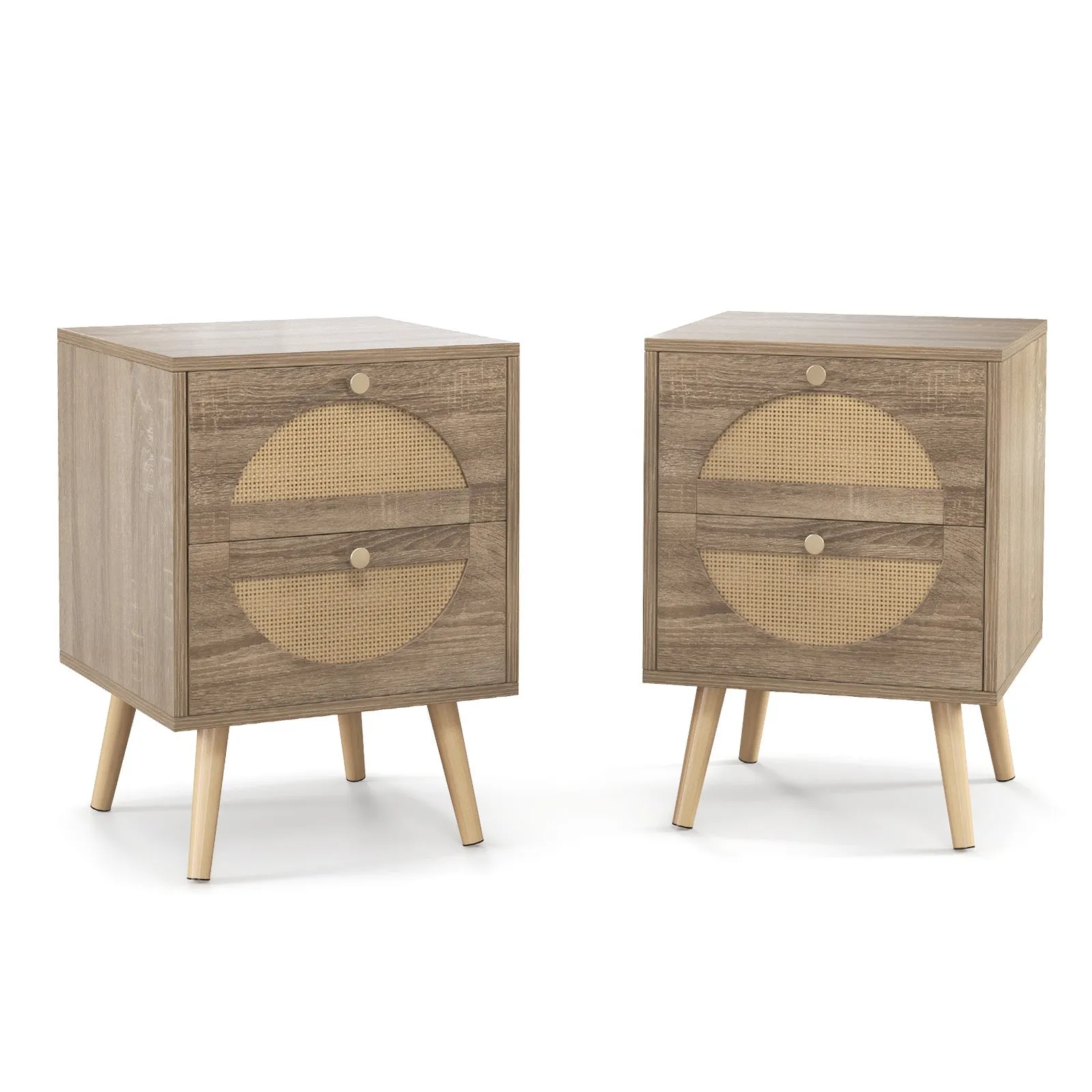 2Pcs Bohemian Style Rattan Nightstand with 2 Drawers-Natural