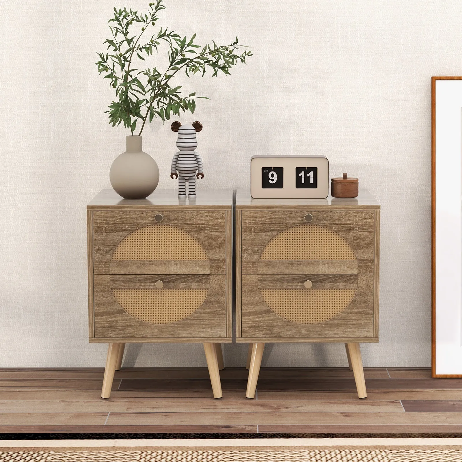 2Pcs Bohemian Style Rattan Nightstand with 2 Drawers-Natural