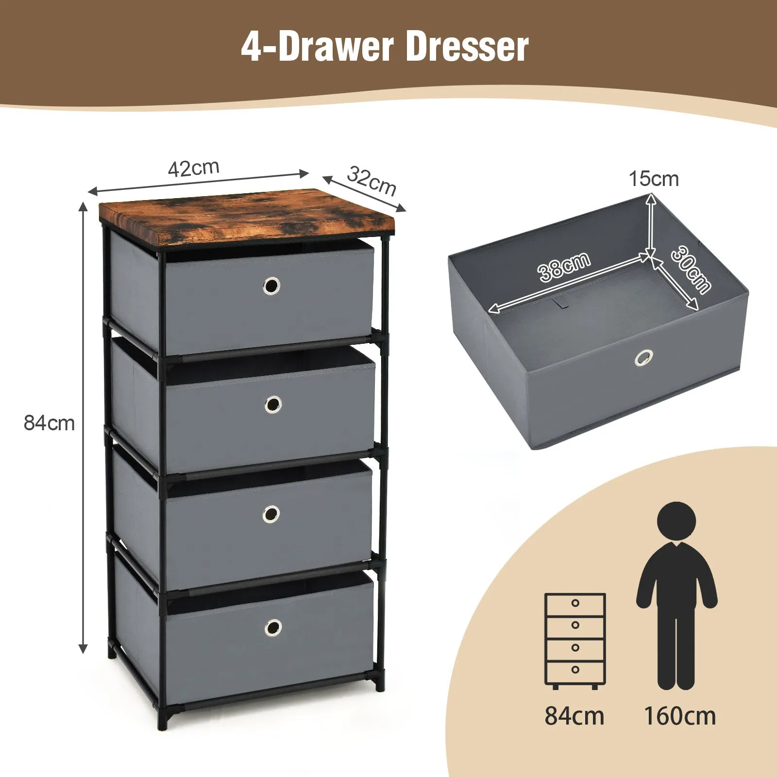 4-Tier Fabric Dresser with Drawers and Metal Frame-Grey