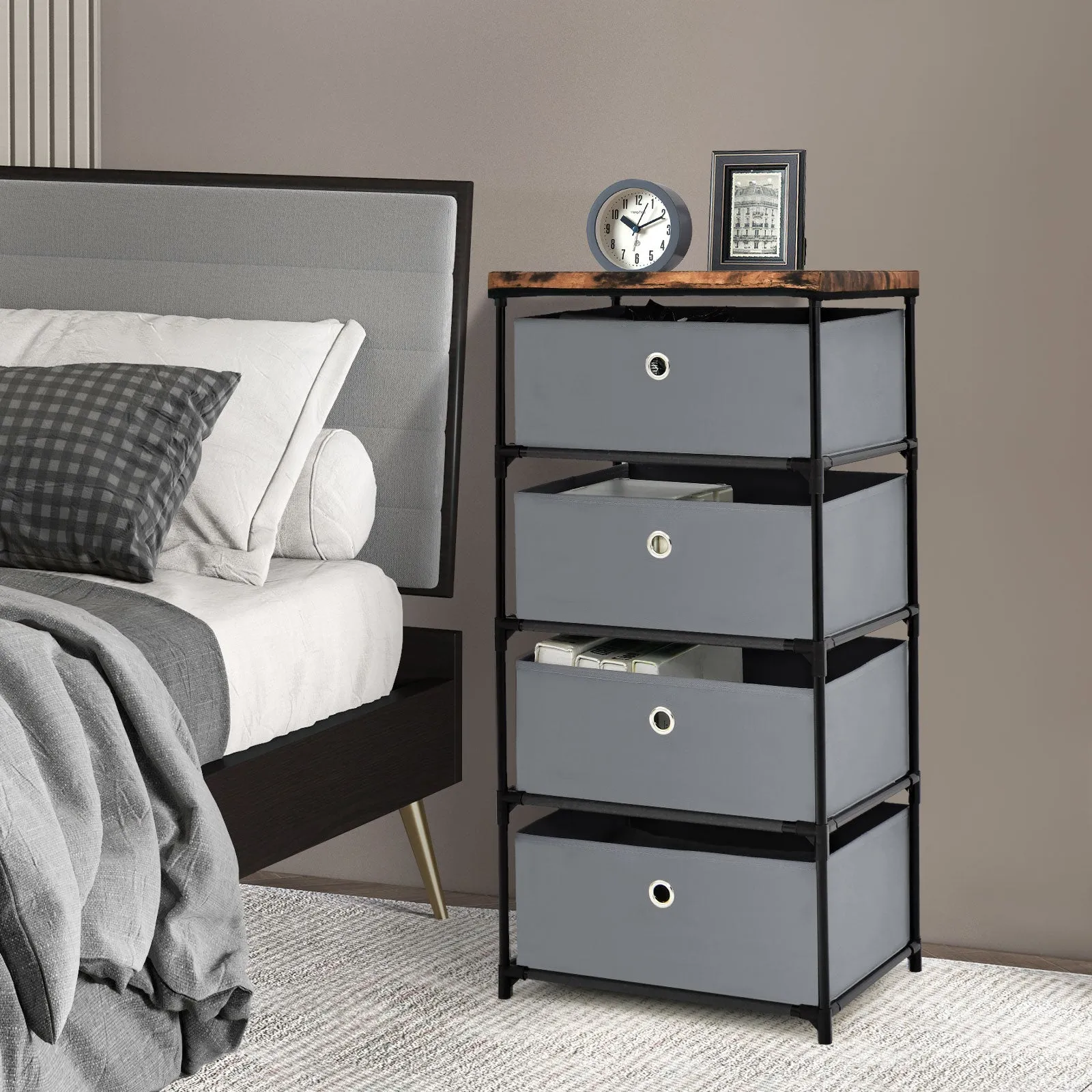 4-Tier Fabric Dresser with Drawers and Metal Frame-Grey