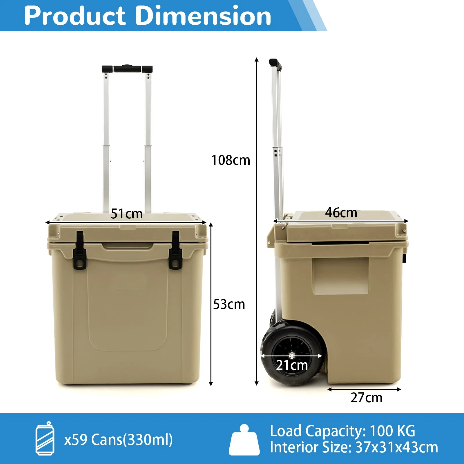 43L Cooler Towable Ice Chest with All-Terrain Wheels Leak-Proof-Sand Color