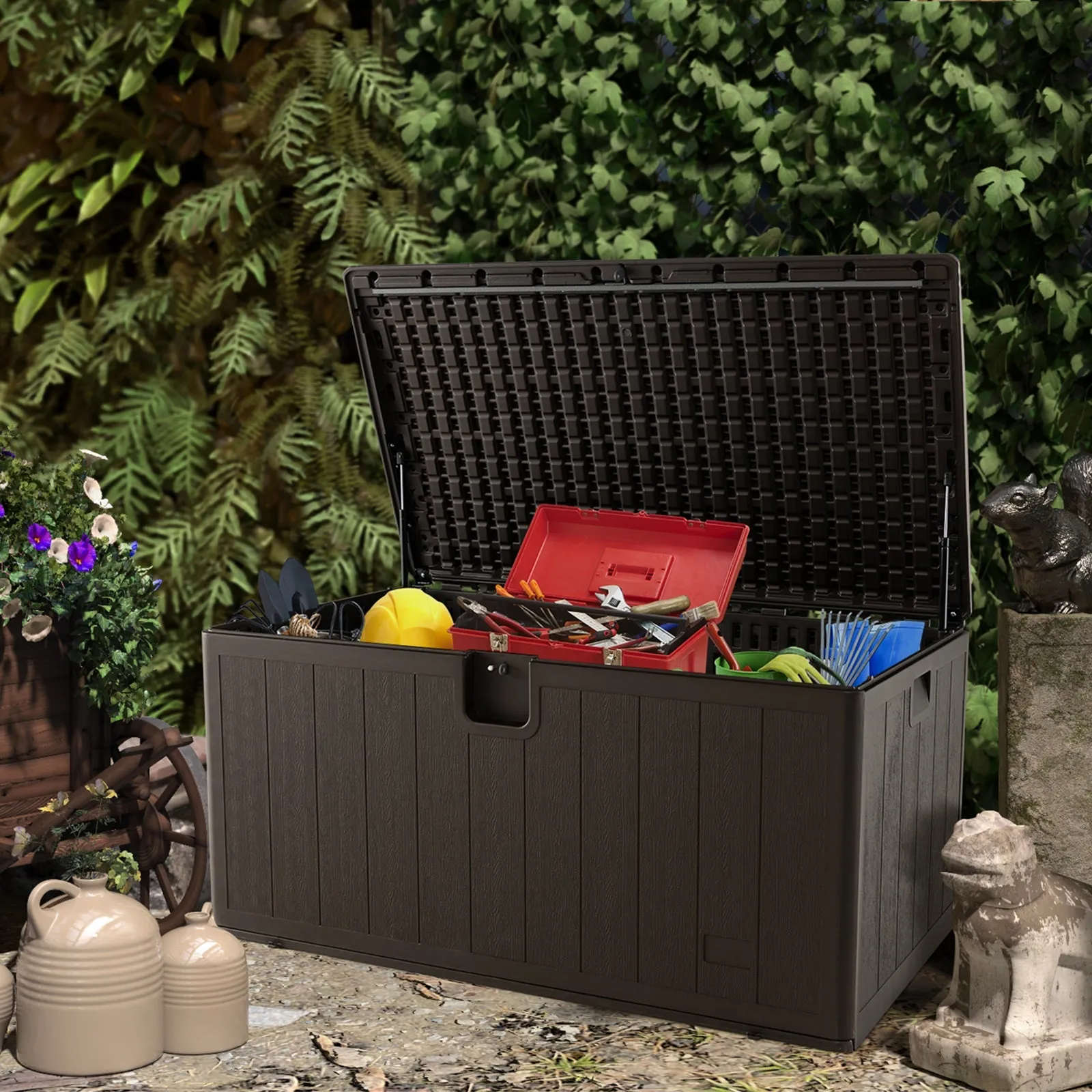 490L All Weather Patio Deck Box with Lockable Lid-Brown