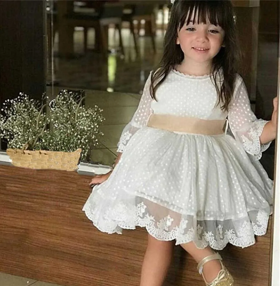 A Line 3/4 Sleeve Lace Flower Girl Dresses Above Knee Baby Dress with Sash UF083