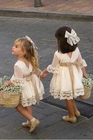 A Line 3/4 Sleeve Lace Flower Girl Dresses Above Knee Baby Dress with Sash UF083