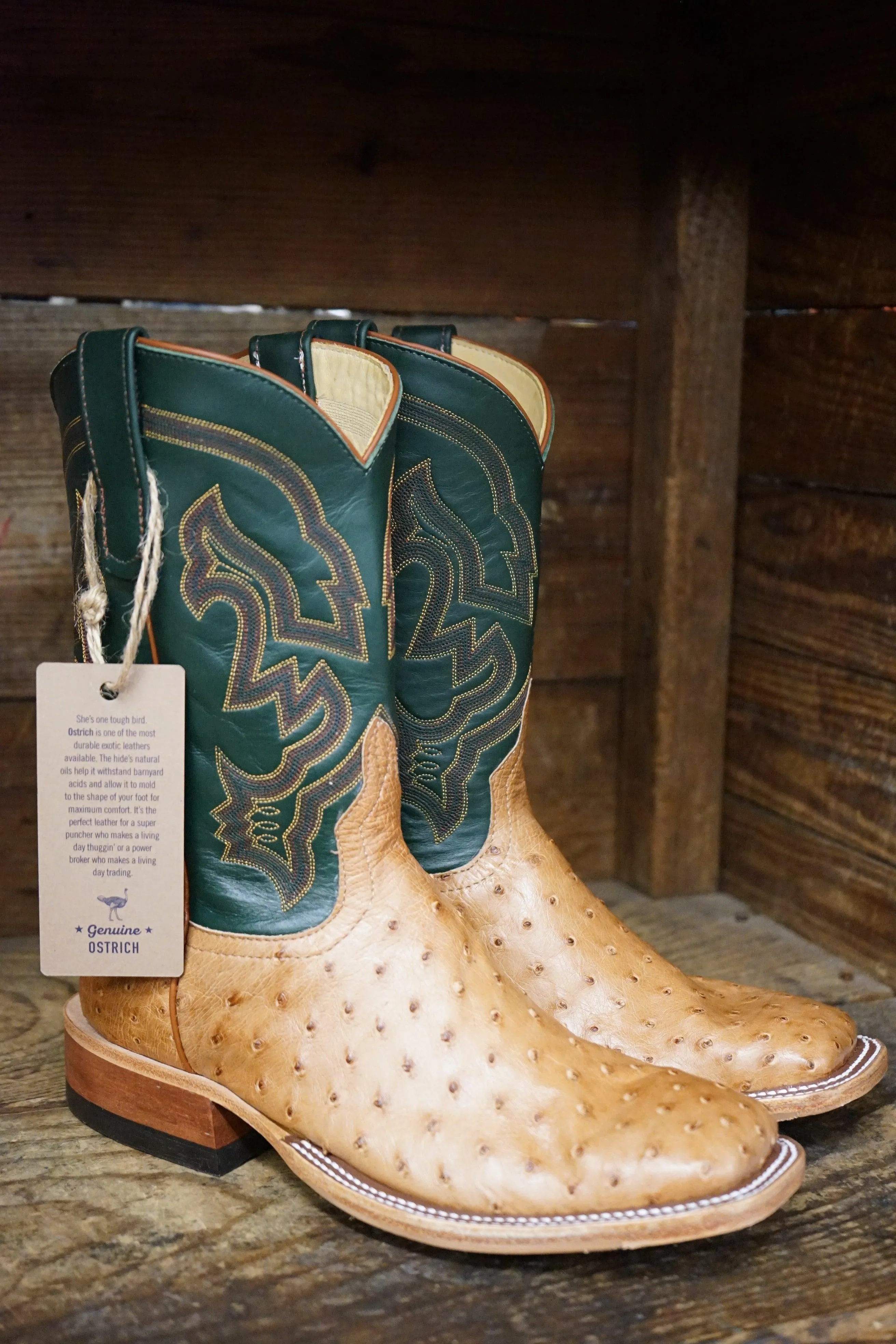 Anderson Bean Men's Cognac Ostrich & Green Glove Square Toe Cowboy Boots 324770