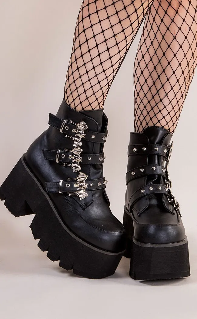 ASHES-55 Black Vegan Leather Bat Buckle Platform Ankle Boots (AU Stock)