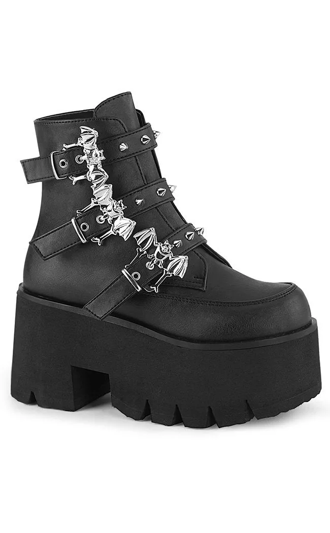 ASHES-55 Black Vegan Leather Bat Buckle Platform Ankle Boots (AU Stock)