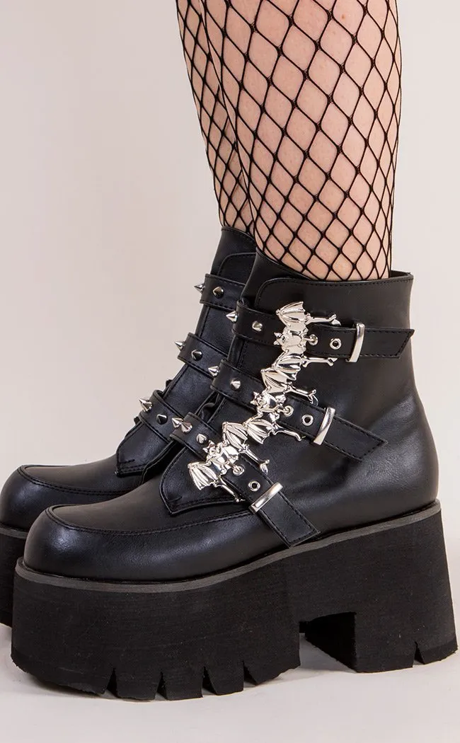 ASHES-55 Black Vegan Leather Bat Buckle Platform Ankle Boots (AU Stock)