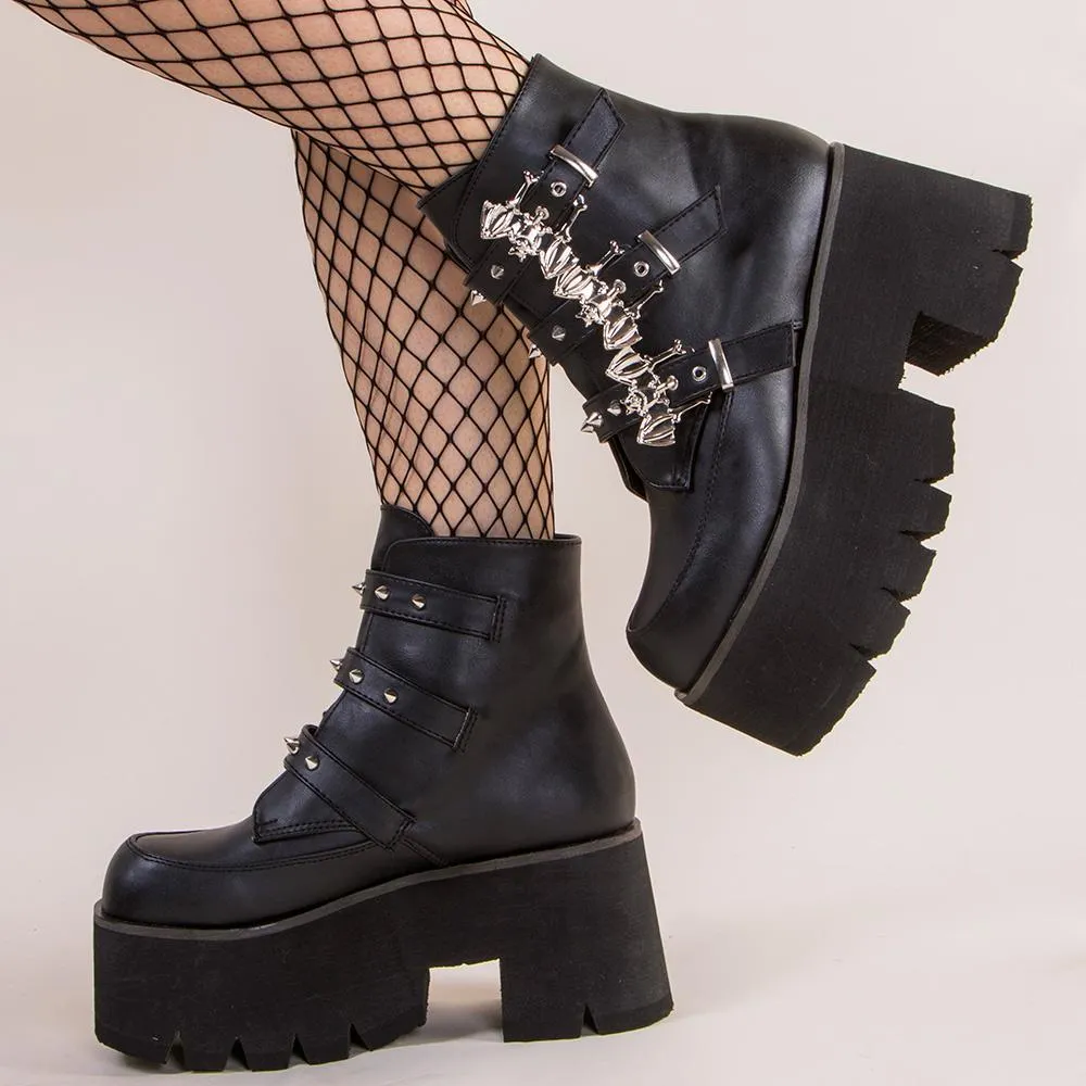 ASHES-55 Black Vegan Leather Bat Buckle Platform Ankle Boots (AU Stock)