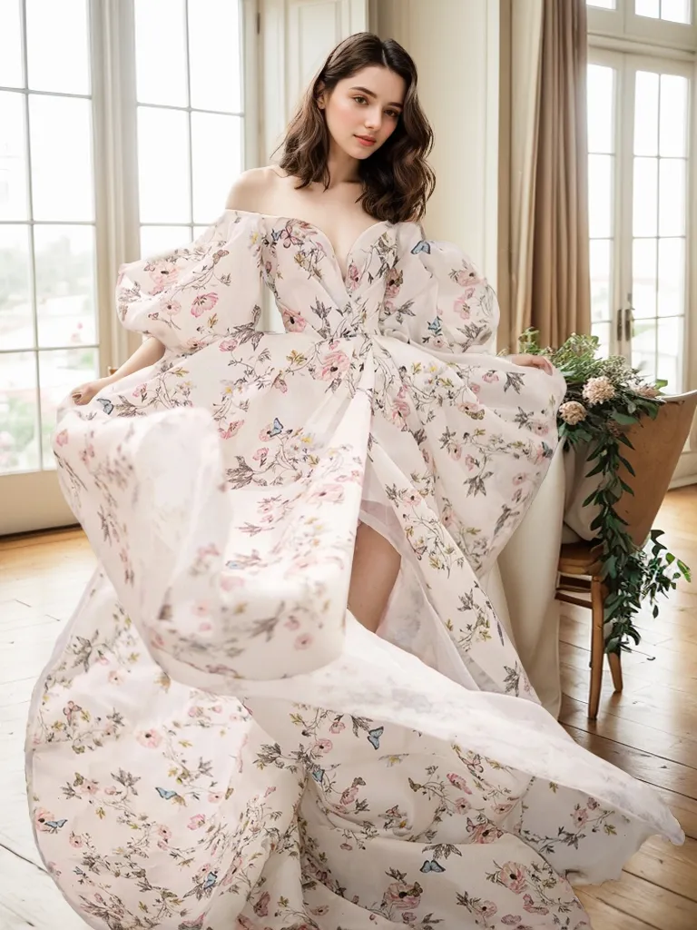 Avera - Sexy floral printed butterfly pattern front-slit bishop sleeves off-the-shoulder Satin Wedding Dress Gown