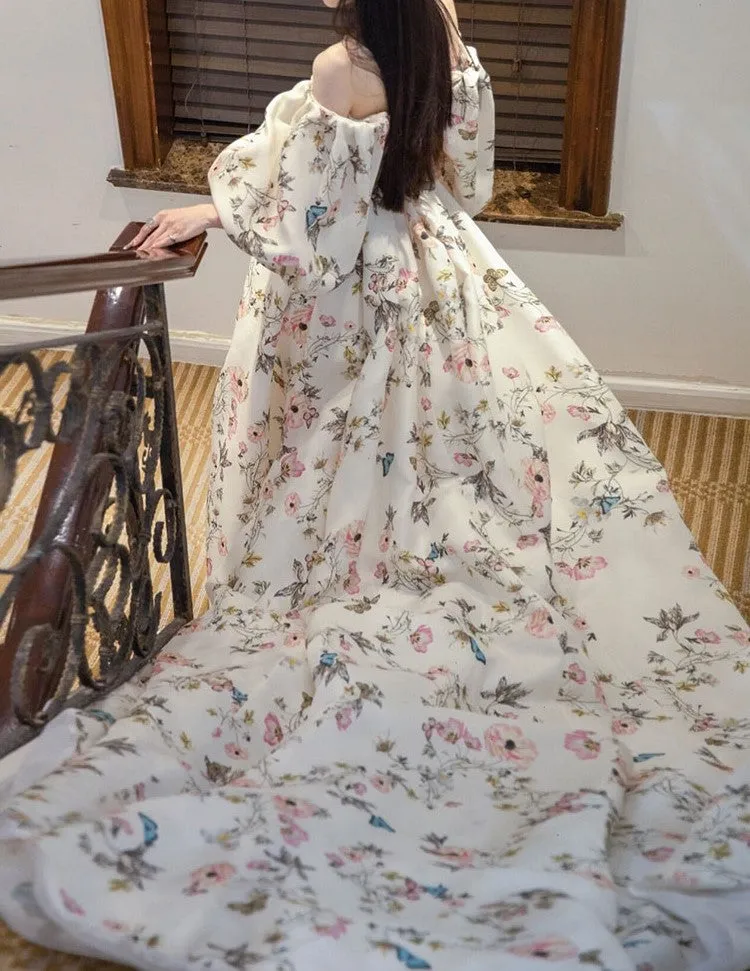 Avera - Sexy floral printed butterfly pattern front-slit bishop sleeves off-the-shoulder Satin Wedding Dress Gown