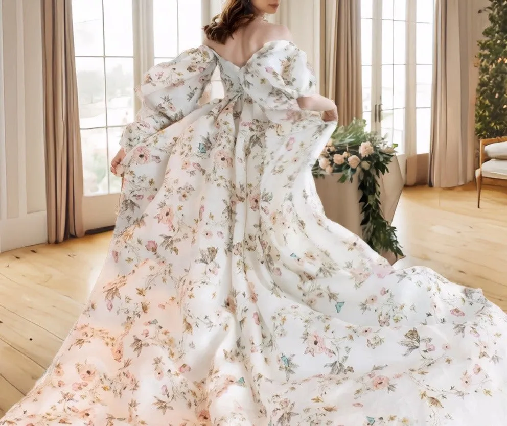 Avera - Sexy floral printed butterfly pattern front-slit bishop sleeves off-the-shoulder Satin Wedding Dress Gown