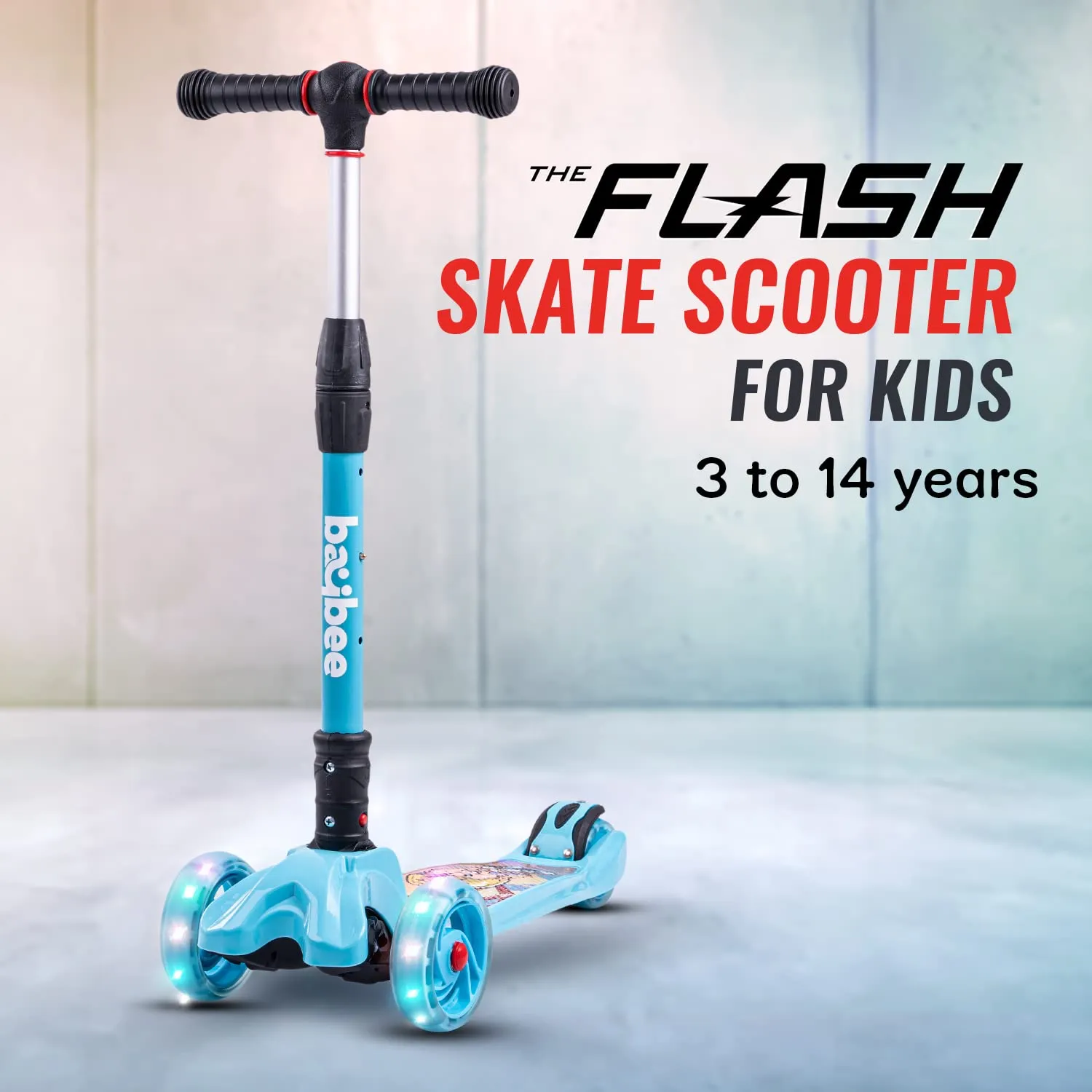 Baybee Flash Scooter for Kids, 3 Wheel Kids Scooter Smart Kick Scooter with Foldable & Height Adjustable Handle & Extra-Wide LED PU Wheels & Brake, Skate Scooter for Kids (ST4-Light Blue)