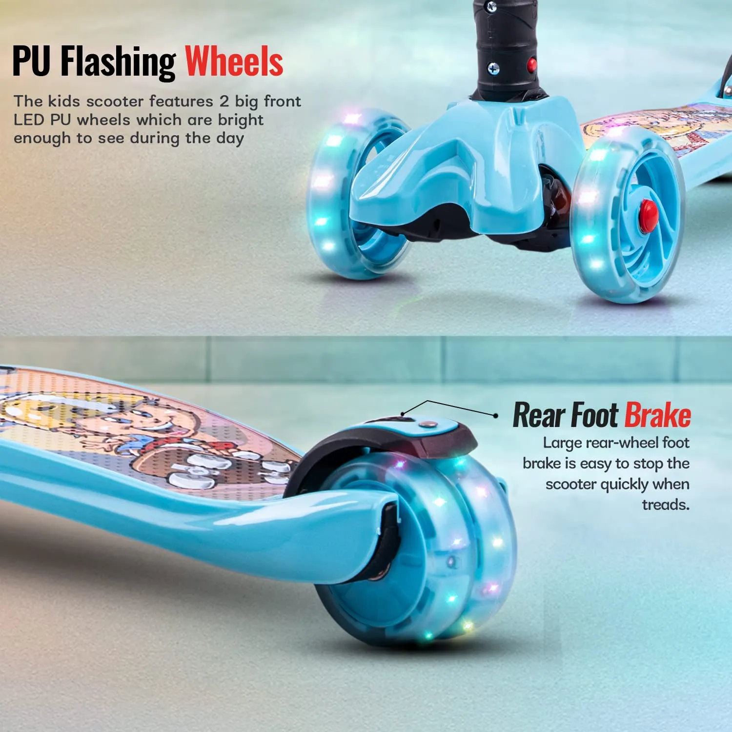 Baybee Flash Scooter for Kids, 3 Wheel Kids Scooter Smart Kick Scooter with Foldable & Height Adjustable Handle & Extra-Wide LED PU Wheels & Brake, Skate Scooter for Kids (ST4-Light Blue)