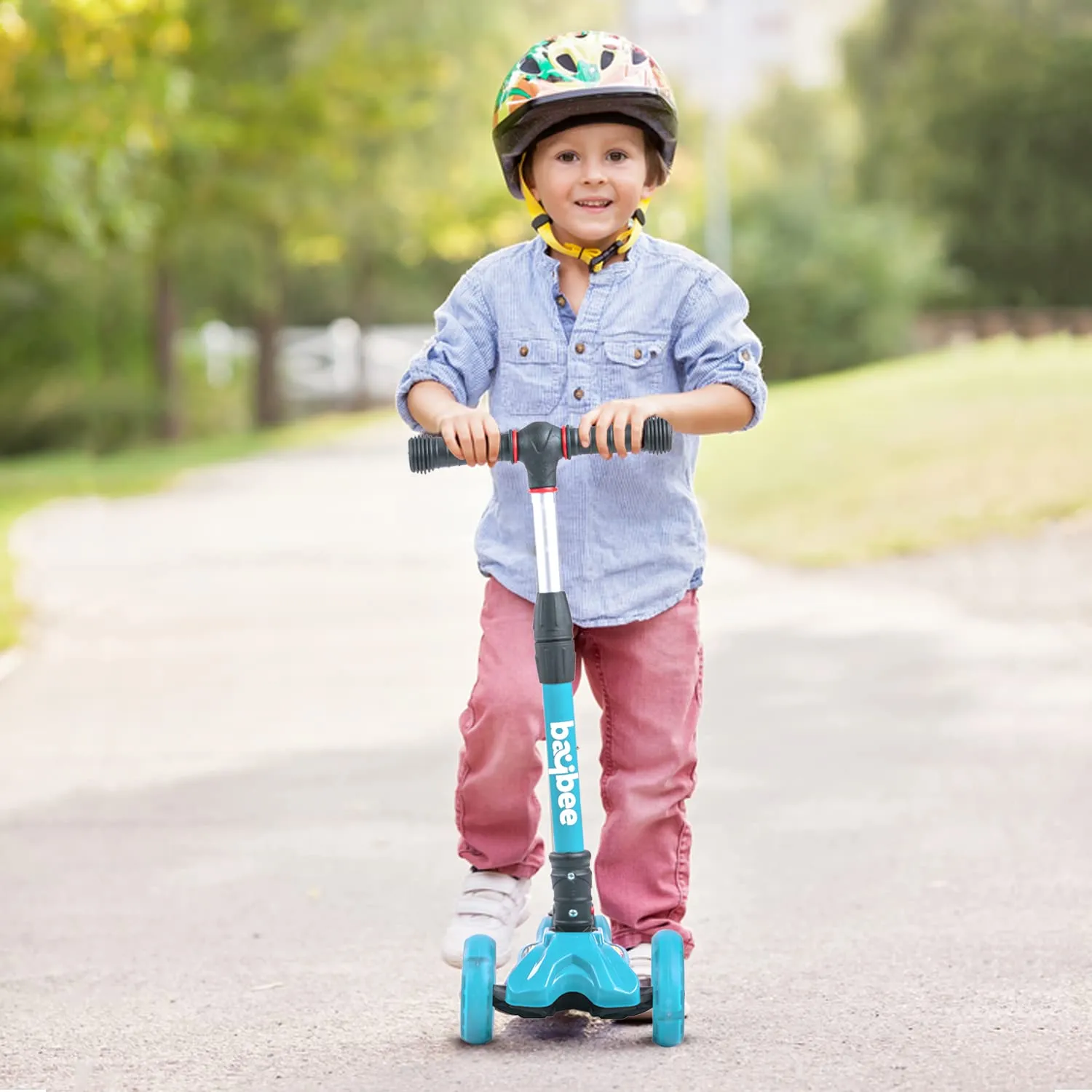 Baybee Flash Scooter for Kids, 3 Wheel Kids Scooter Smart Kick Scooter with Foldable & Height Adjustable Handle & Extra-Wide LED PU Wheels & Brake, Skate Scooter for Kids (ST4-Light Blue)