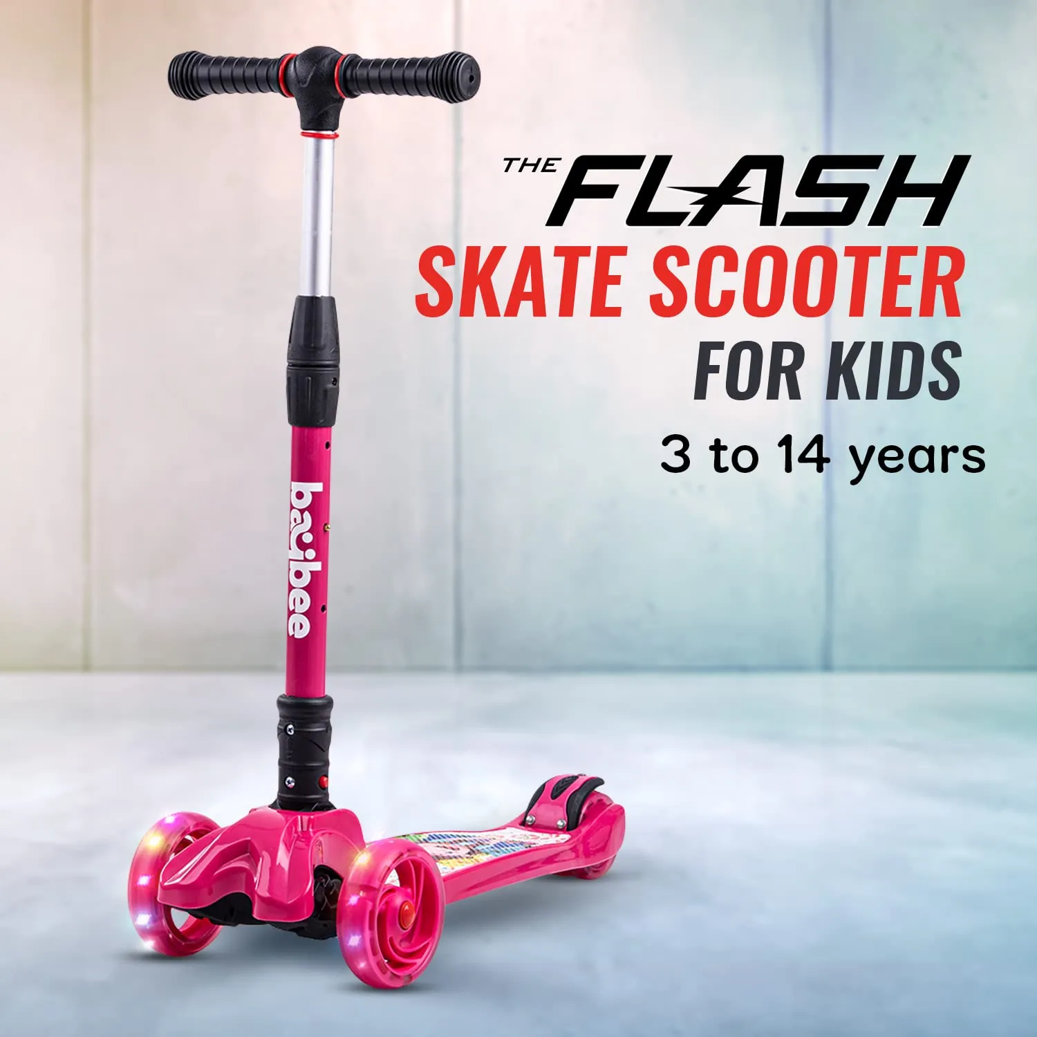 Baybee Flash Scooter for Kids, 3 Wheel Kids Scooter Smart Kick Scooter with Foldable & Height Adjustable Handle & Extra-Wide LED PU Wheels & Brake, Skate Scooter for Kids (ST4-Pink)