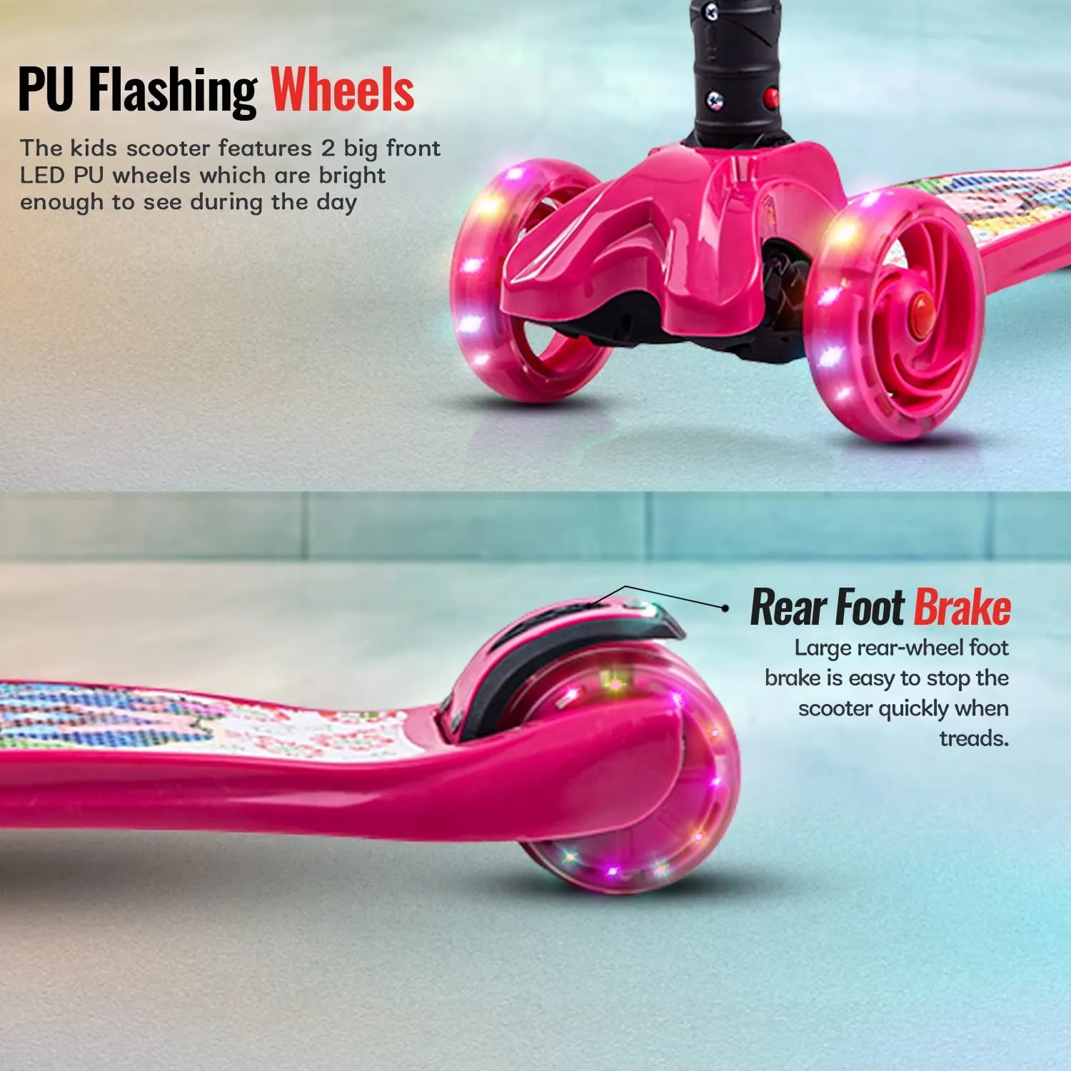 Baybee Flash Scooter for Kids, 3 Wheel Kids Scooter Smart Kick Scooter with Foldable & Height Adjustable Handle & Extra-Wide LED PU Wheels & Brake, Skate Scooter for Kids (ST4-Pink)