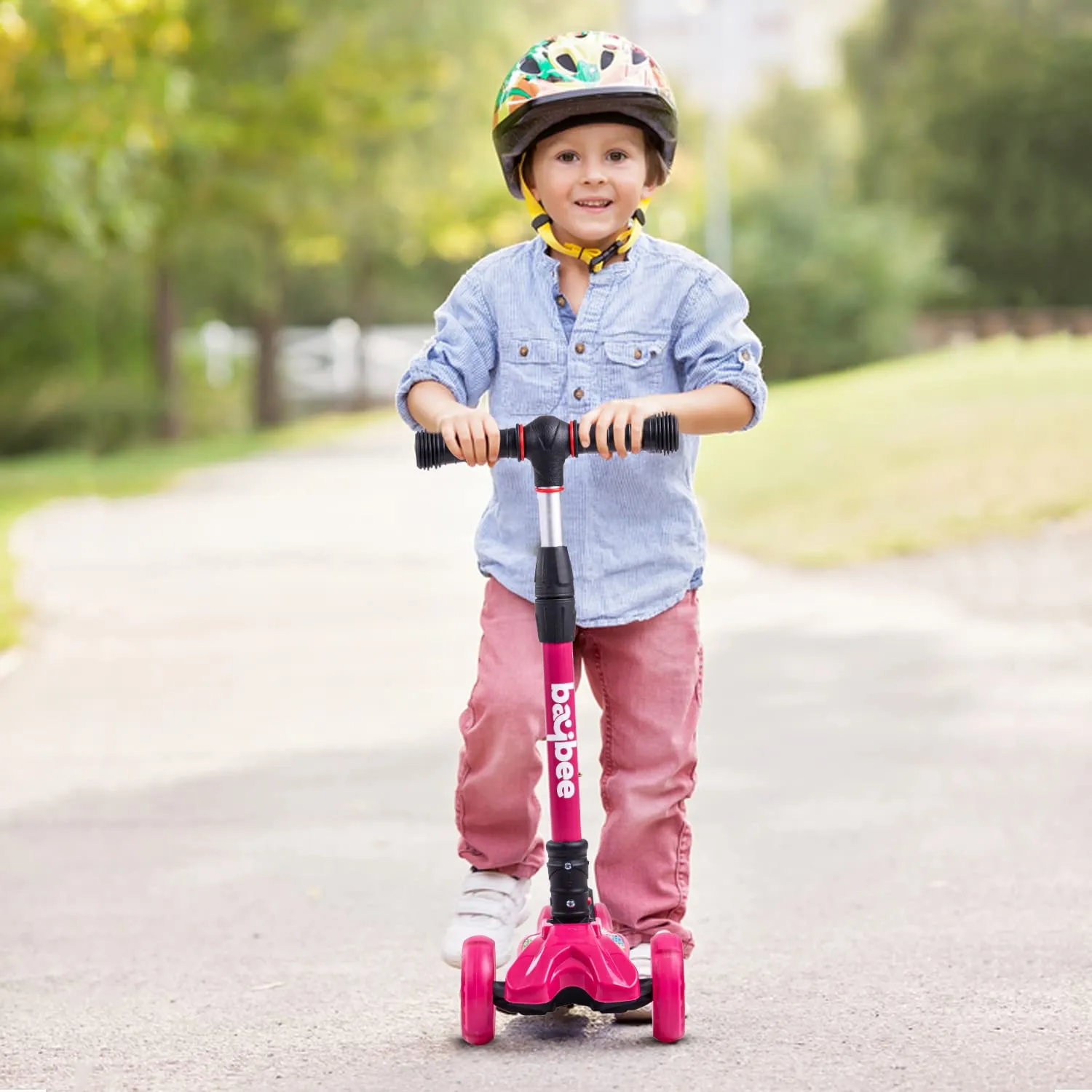 Baybee Flash Scooter for Kids, 3 Wheel Kids Scooter Smart Kick Scooter with Foldable & Height Adjustable Handle & Extra-Wide LED PU Wheels & Brake, Skate Scooter for Kids (ST4-Pink)