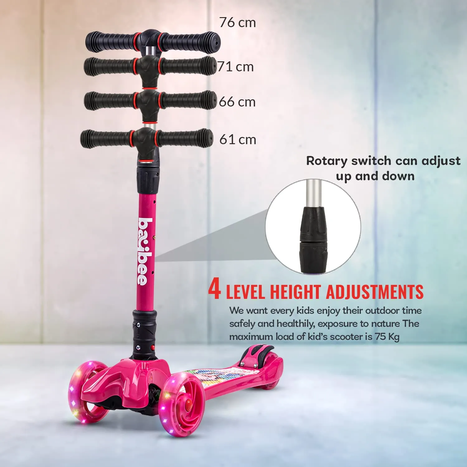 Baybee Flash Scooter for Kids, 3 Wheel Kids Scooter Smart Kick Scooter with Foldable & Height Adjustable Handle & Extra-Wide LED PU Wheels & Brake, Skate Scooter for Kids (ST4-Pink)