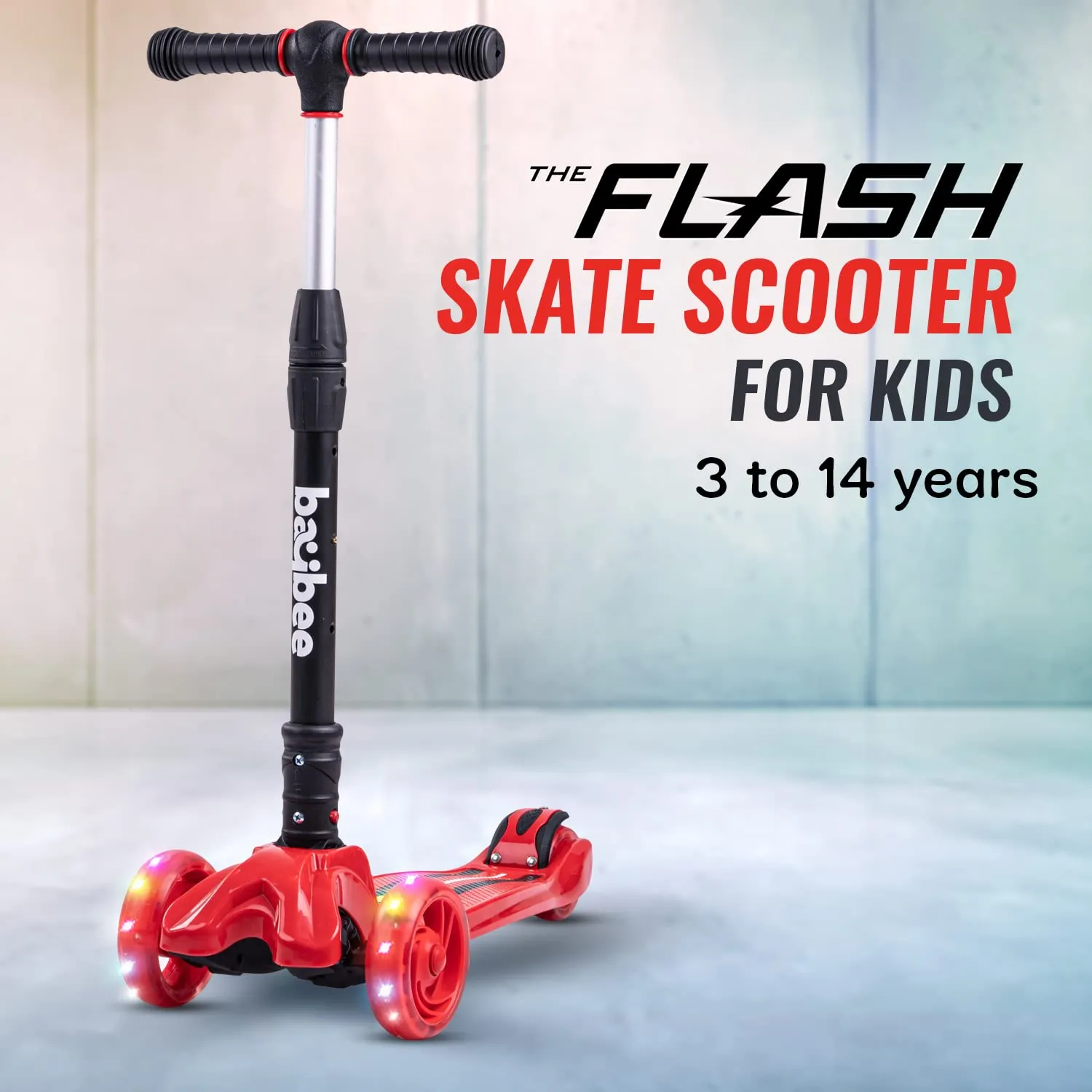 Baybee Flash Scooter for Kids, 3 Wheel Kids Scooter Smart Kick Scooter with Foldable & Height Adjustable Handle & Extra-Wide LED PU Wheels & Brake, Skate Scooter for Kids (ST4-Red)