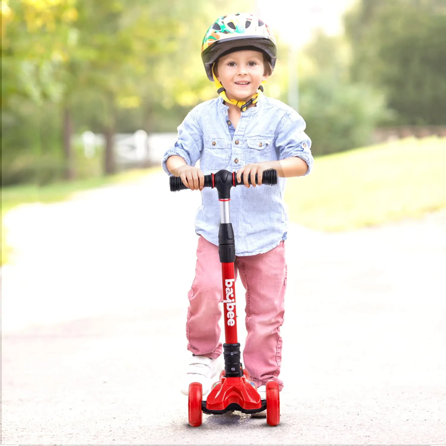 Baybee Flash Scooter for Kids, 3 Wheel Kids Scooter Smart Kick Scooter with Foldable & Height Adjustable Handle & Extra-Wide LED PU Wheels & Brake, Skate Scooter for Kids (ST4-Red)