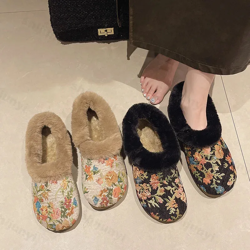 binfenxie  -  Retro Emboridery Floral Fur Loafers Women Cozy Outdoor Trekking Shoes Warm Mom Shoe Soft Moccasins Feamle Plush Flat Casual Shoe