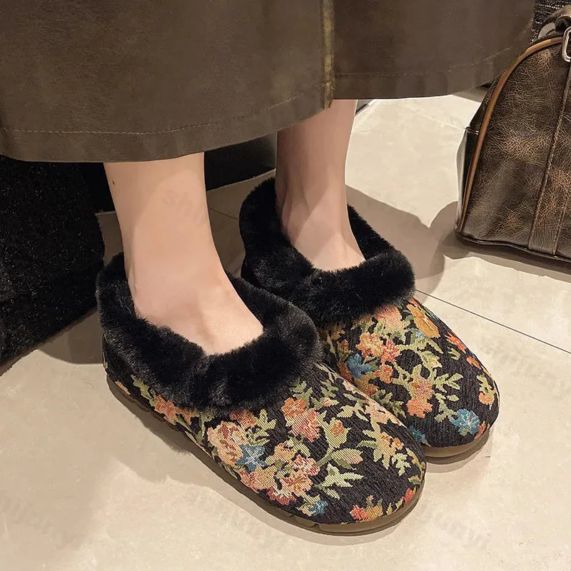 binfenxie  -  Retro Emboridery Floral Fur Loafers Women Cozy Outdoor Trekking Shoes Warm Mom Shoe Soft Moccasins Feamle Plush Flat Casual Shoe