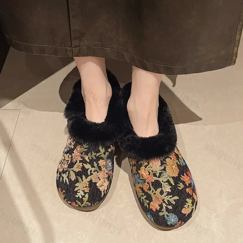 binfenxie  -  Retro Emboridery Floral Fur Loafers Women Cozy Outdoor Trekking Shoes Warm Mom Shoe Soft Moccasins Feamle Plush Flat Casual Shoe