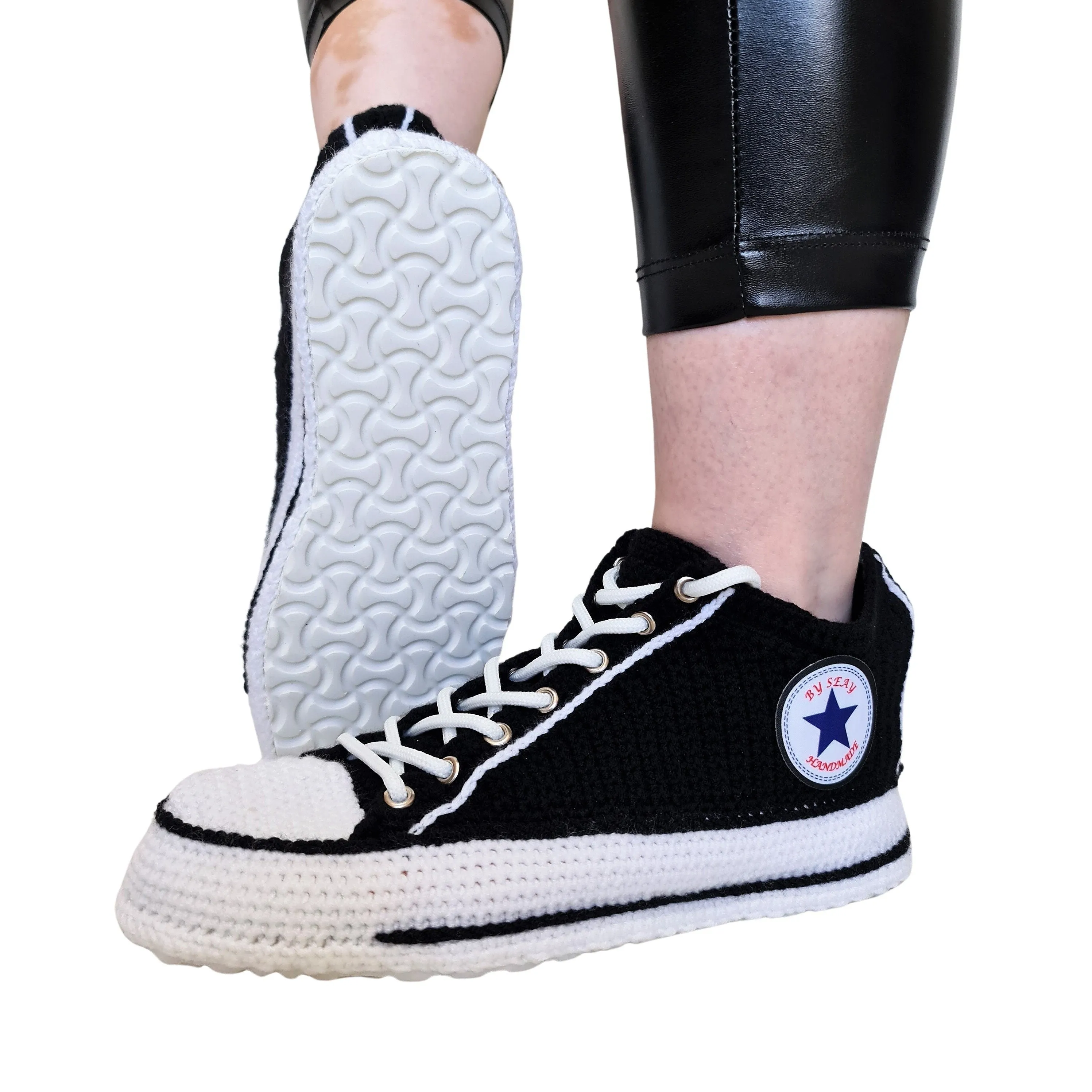 Black Converse Low Top Platform Handmade Knit Style Creative Home Slippers Sneakers Booties Shoes