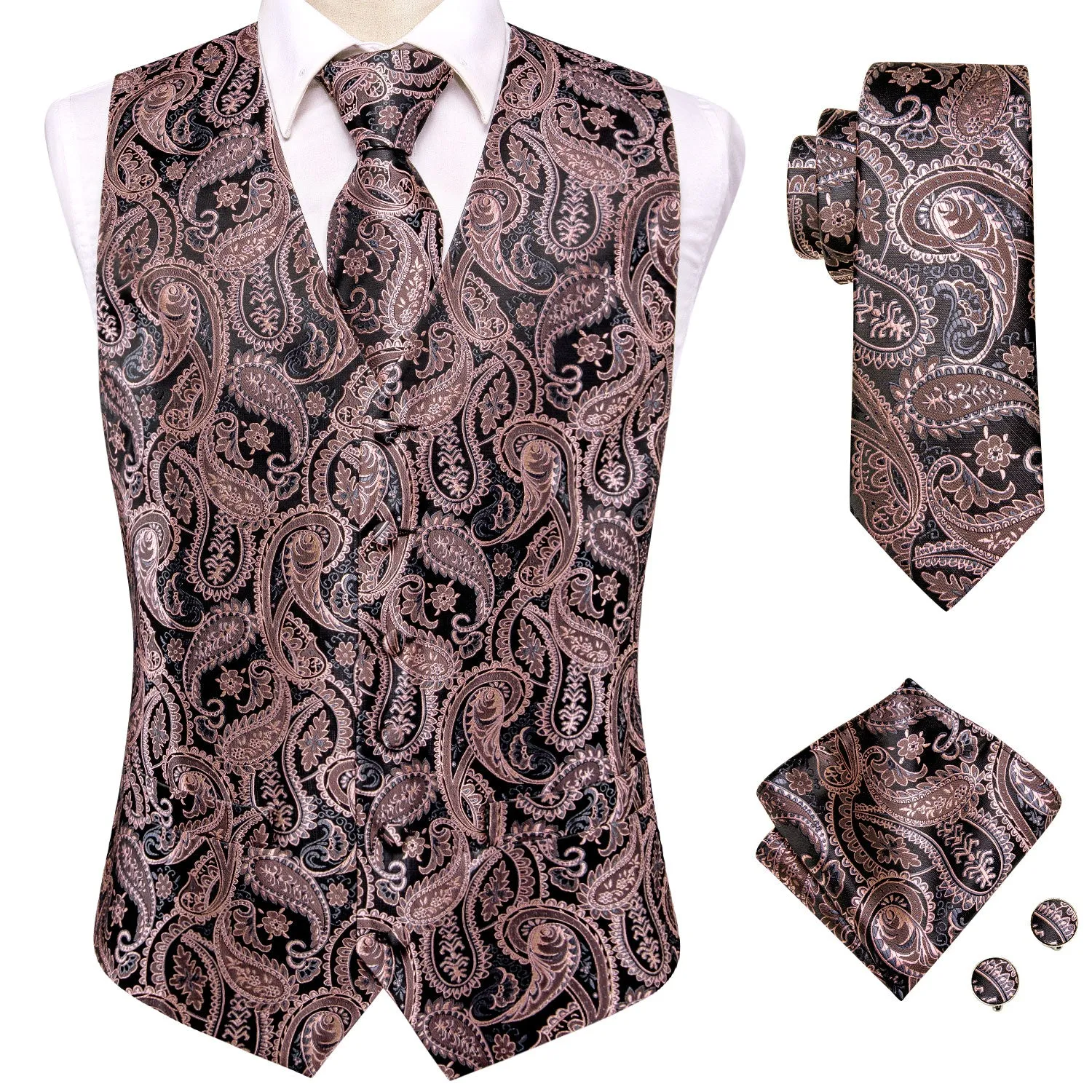 Black Pink Paisley Jacquard Silk Men's Vest Hanky Cufflinks Tie Set