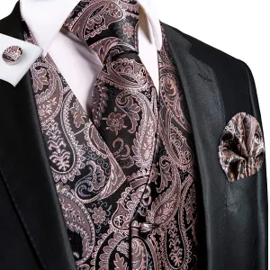 Black Pink Paisley Jacquard Silk Men's Vest Hanky Cufflinks Tie Set