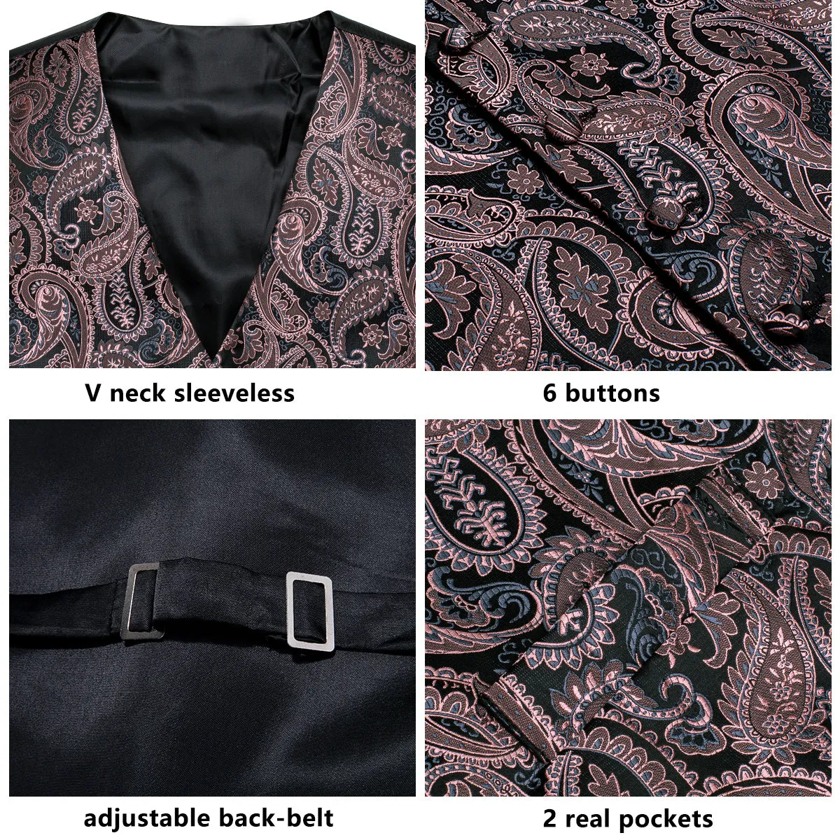 Black Pink Paisley Jacquard Silk Men's Vest Hanky Cufflinks Tie Set