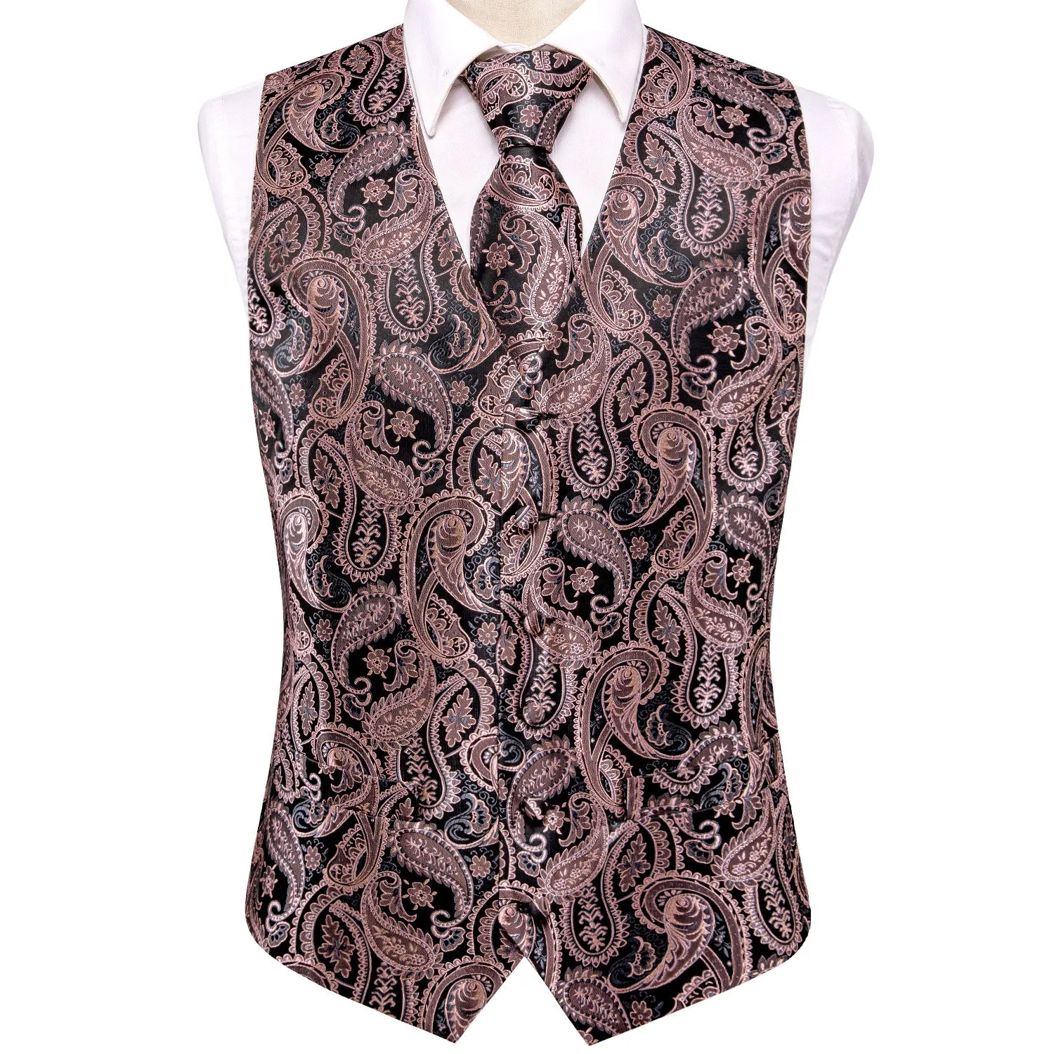 Black Pink Paisley Jacquard Silk Men's Vest Hanky Cufflinks Tie Set