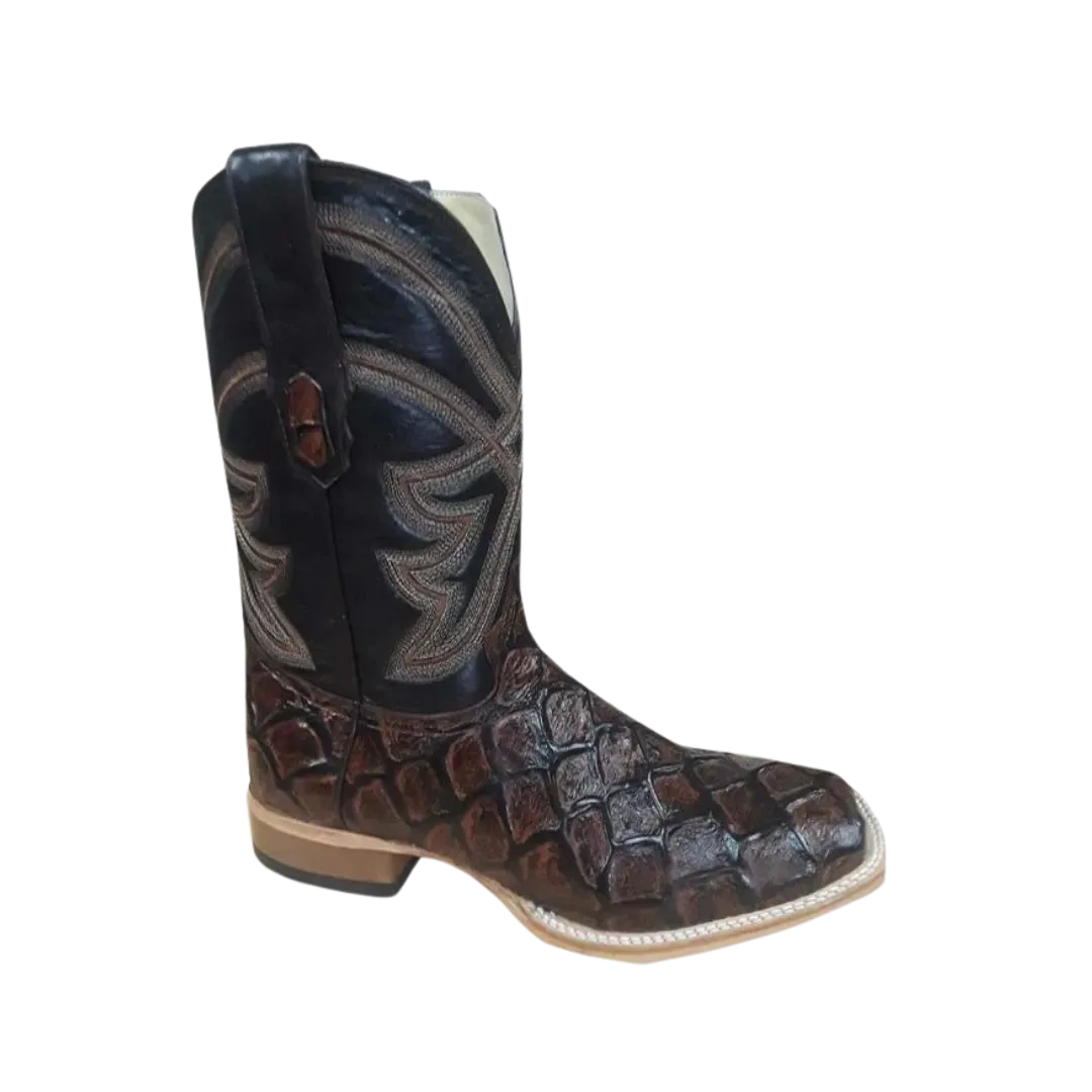 Boot Jack Men's Fish Print Square Toe Black & Dark Brown Boots