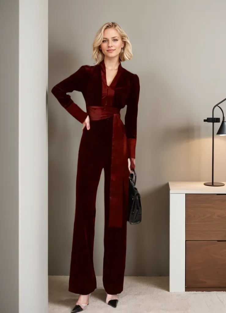 Chic Designer Long Sleeve Deep V-Neck Bodysuit Jumpsuit