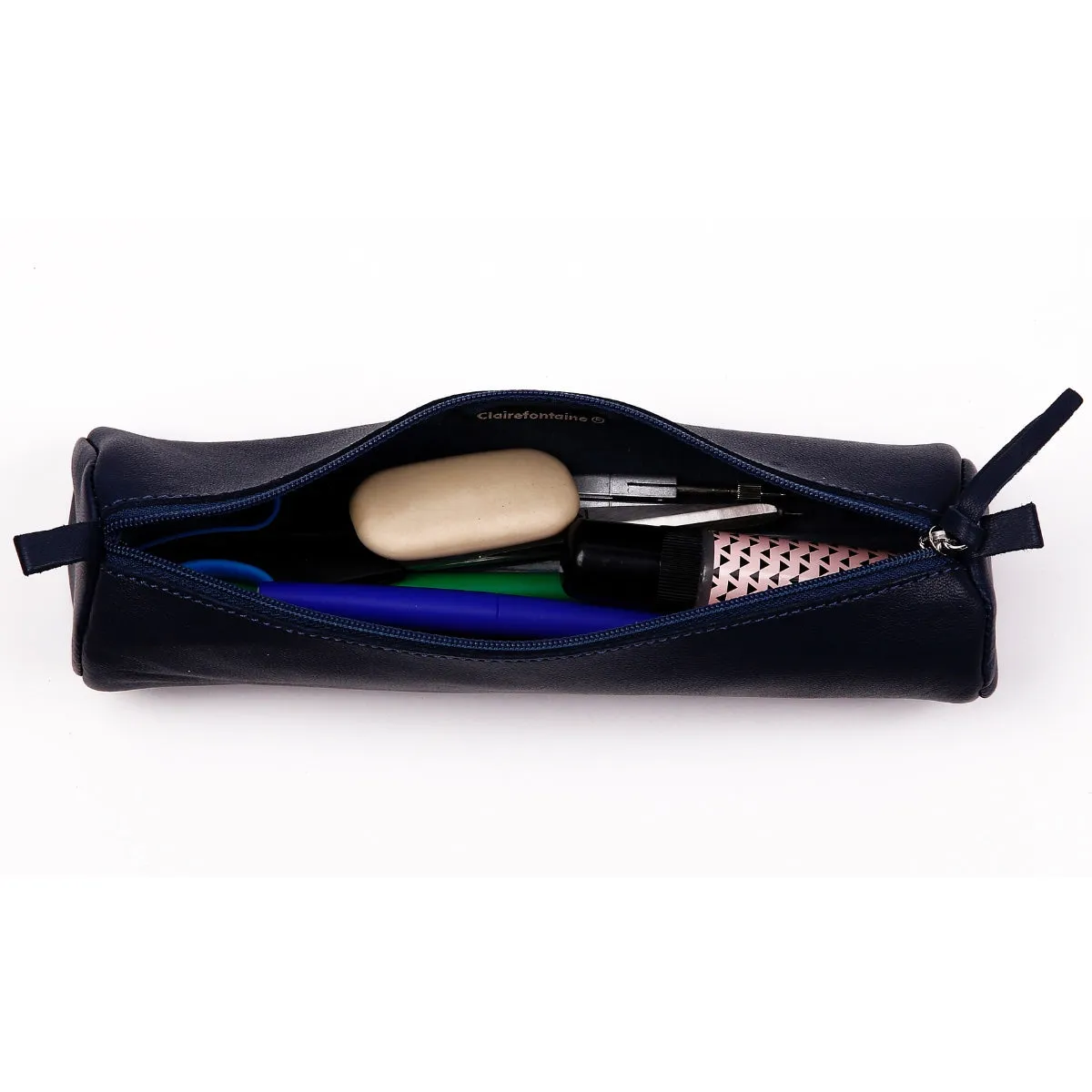 Clairefontaine Leather Round Pencil Case, Dark Blue