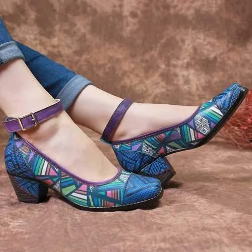 Colorful Genuine Buckle Strap Pumps