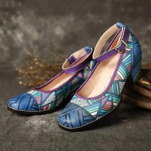 Colorful Genuine Buckle Strap Pumps