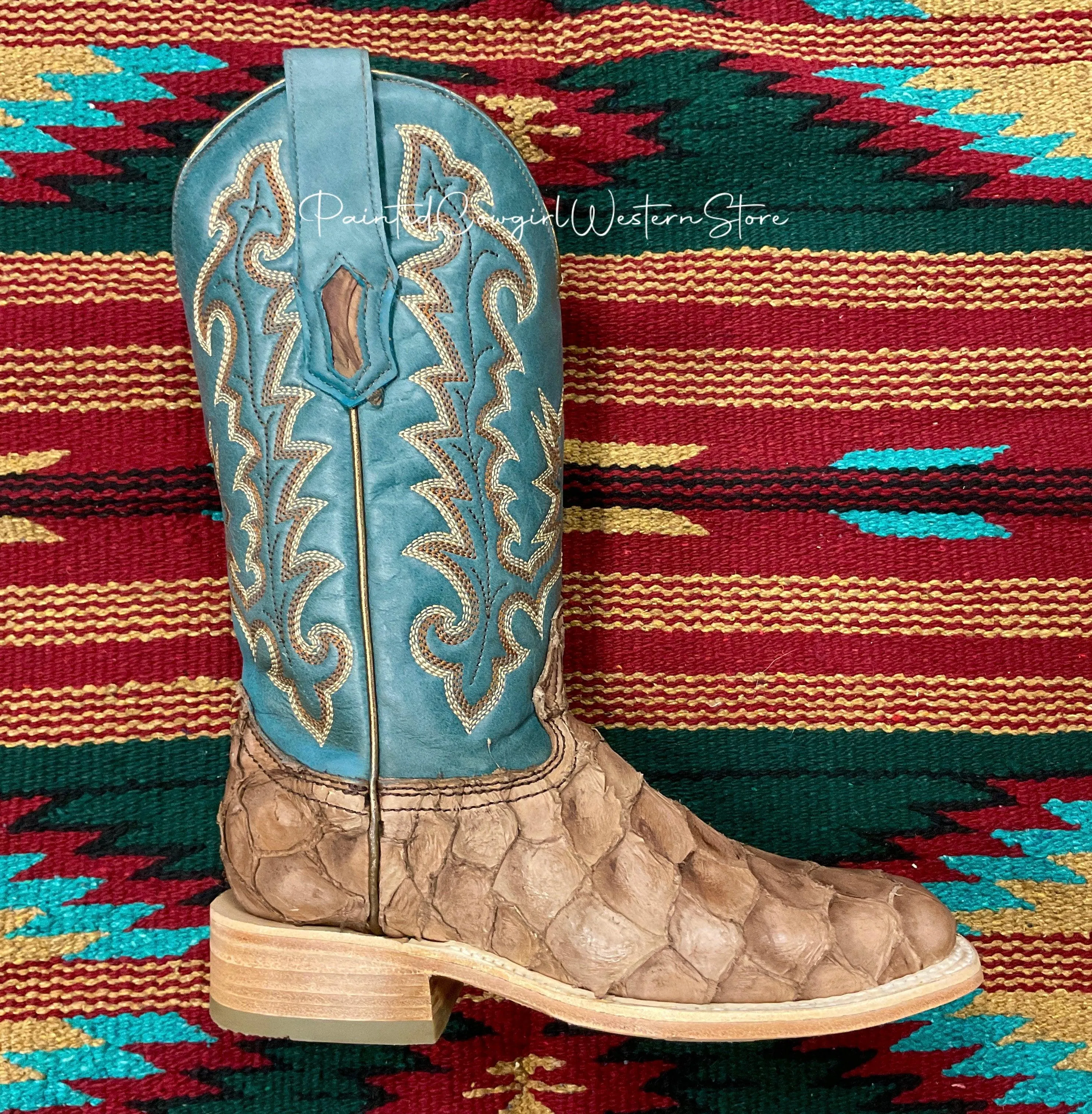 Corral Women's Brown/Blue Pirarucu Arapaima Square Toe Cowgirl Boots A4205