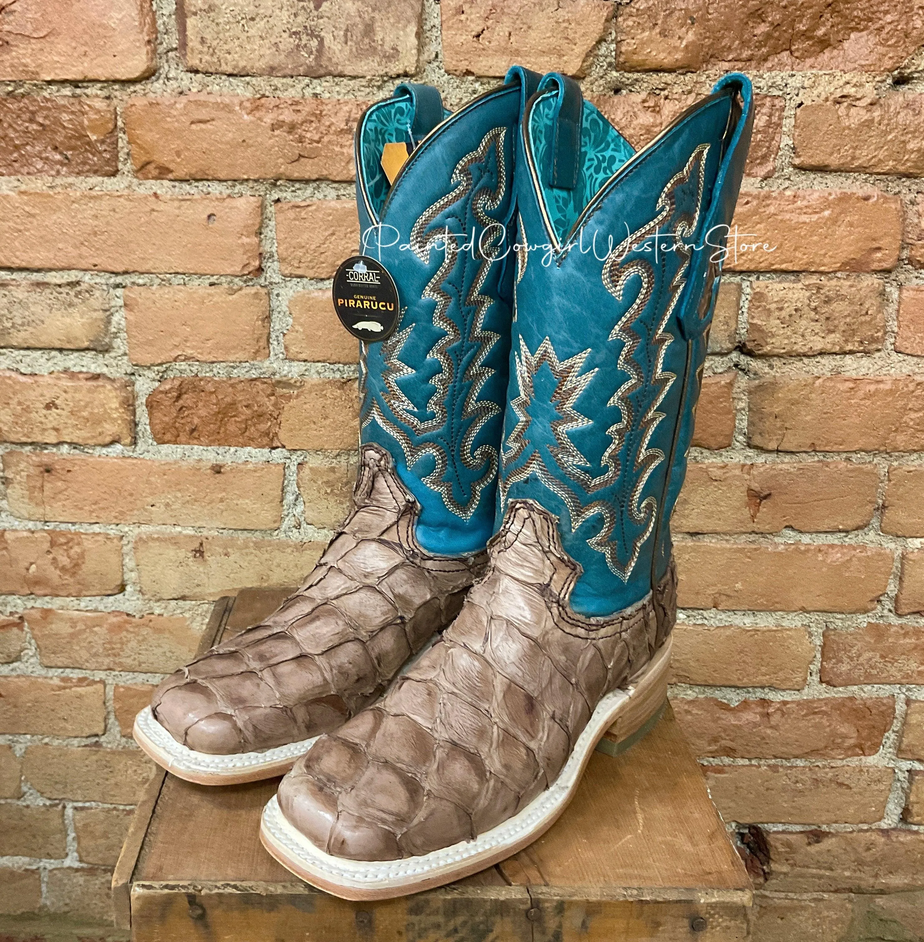 Corral Women's Brown/Blue Pirarucu Arapaima Square Toe Cowgirl Boots A4205