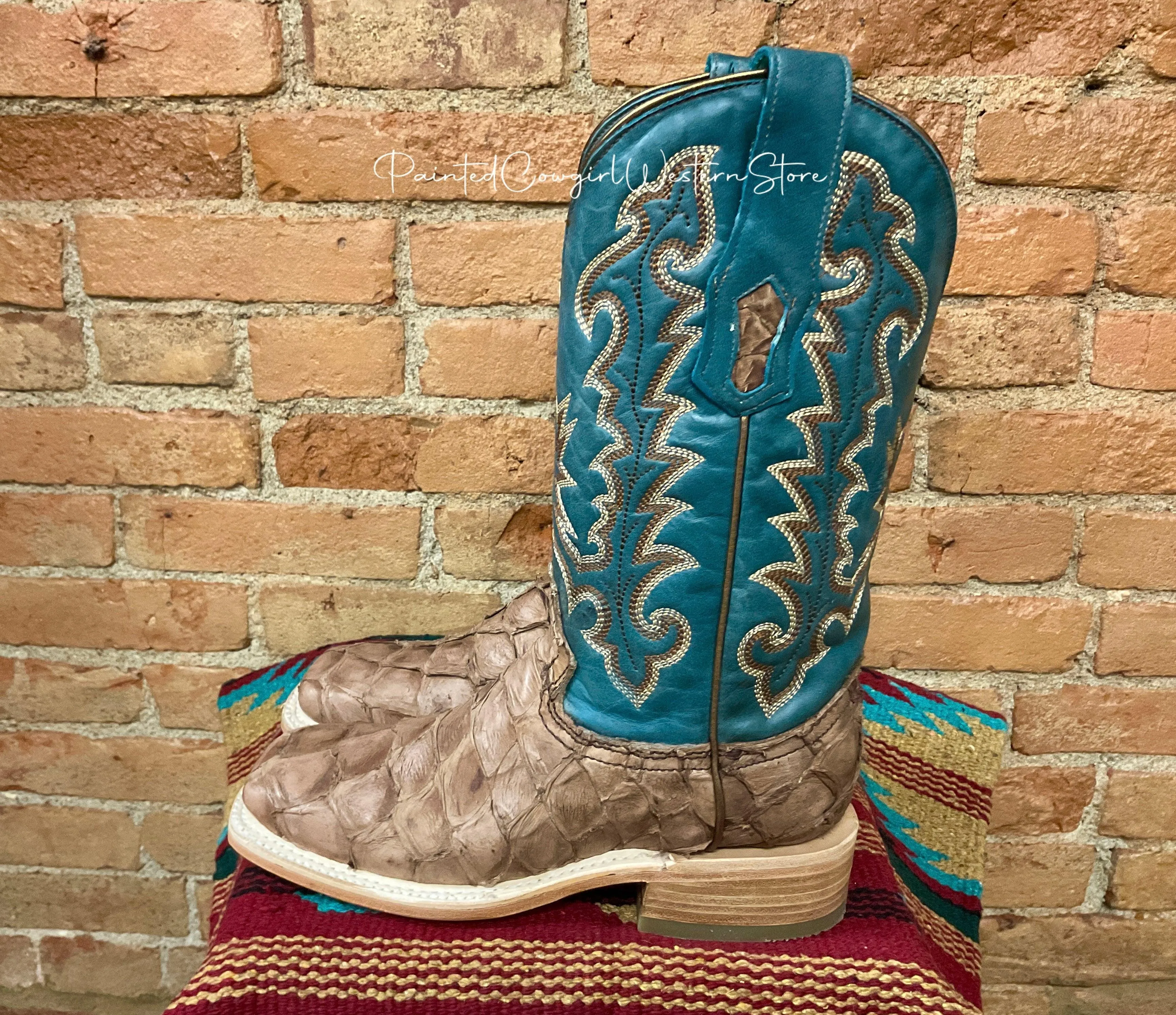 Corral Women's Brown/Blue Pirarucu Arapaima Square Toe Cowgirl Boots A4205