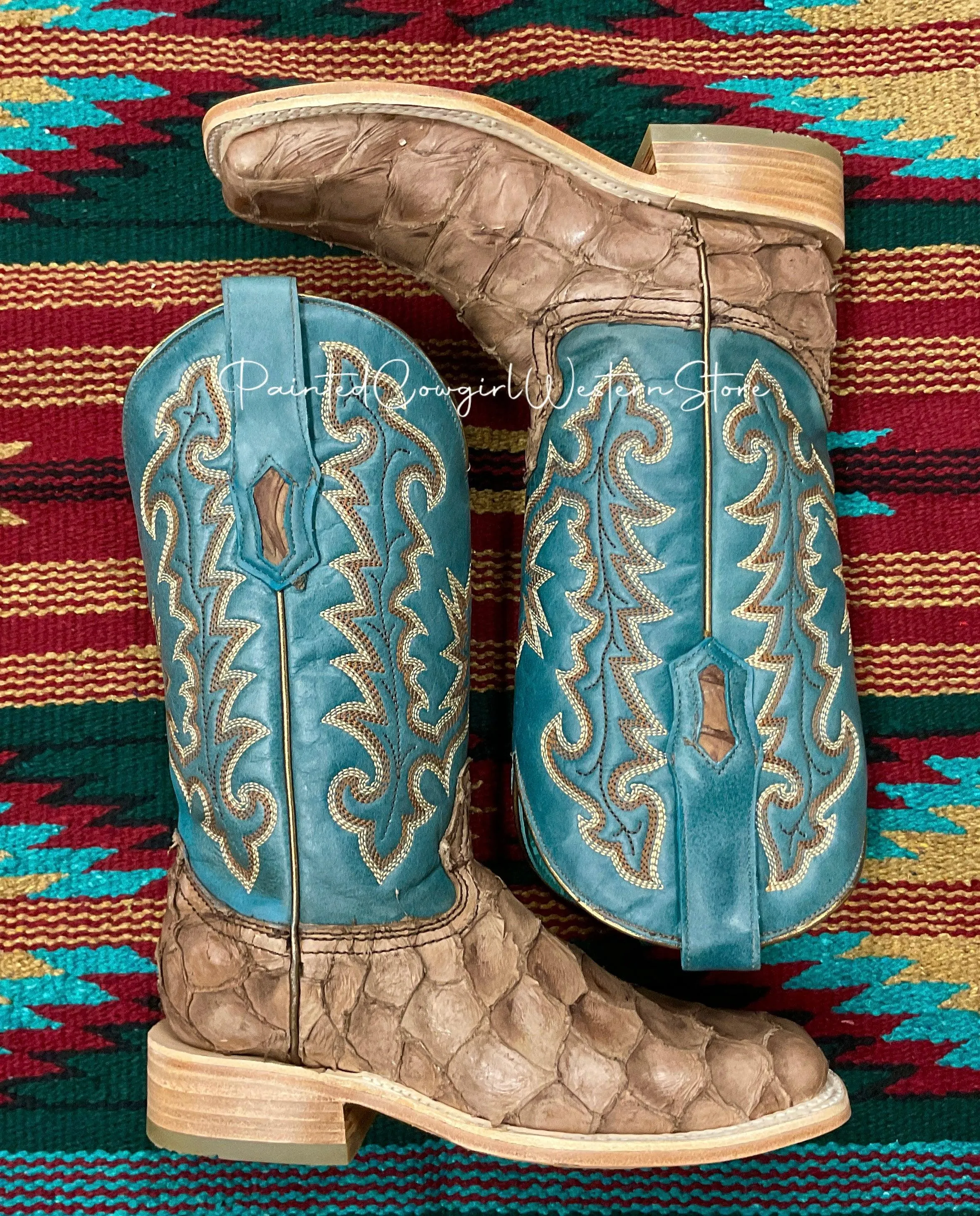 Corral Women's Brown/Blue Pirarucu Arapaima Square Toe Cowgirl Boots A4205