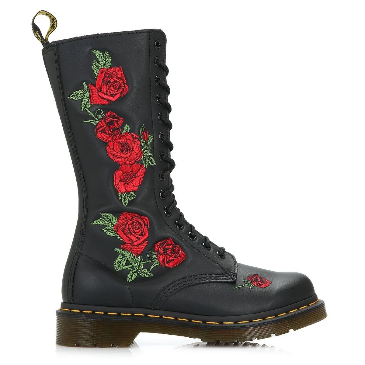 Dr. Martens Vonda Womens Black Leather Embroidered Rose Mid Calf Boots