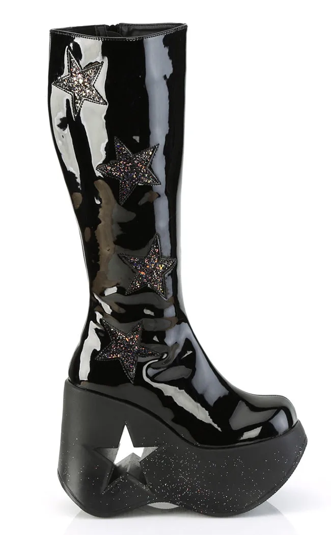 DYNAMITE-218 Black Patent/Glitter Knee Boots