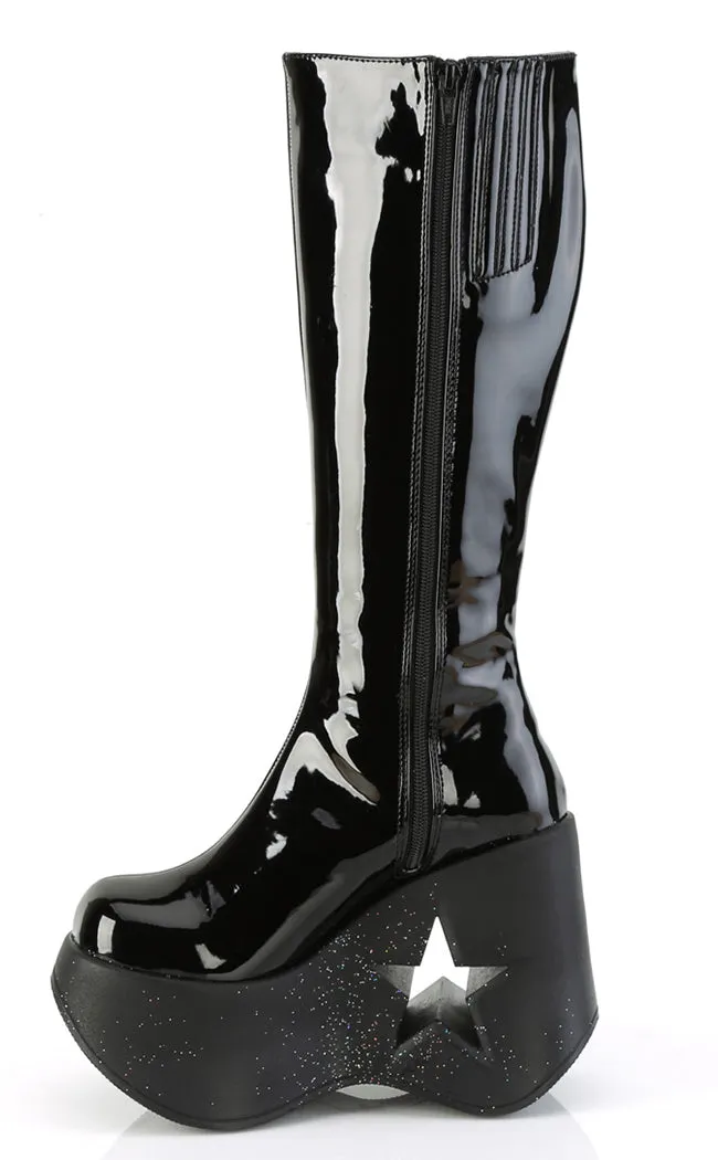 DYNAMITE-218 Black Patent/Glitter Knee Boots