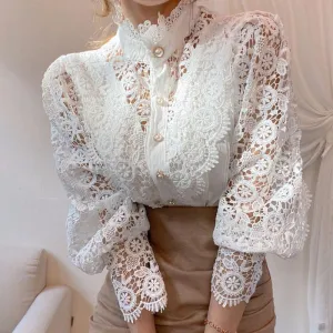 Elegant Flower Lace Stand Collar Long Sleeve Blouse